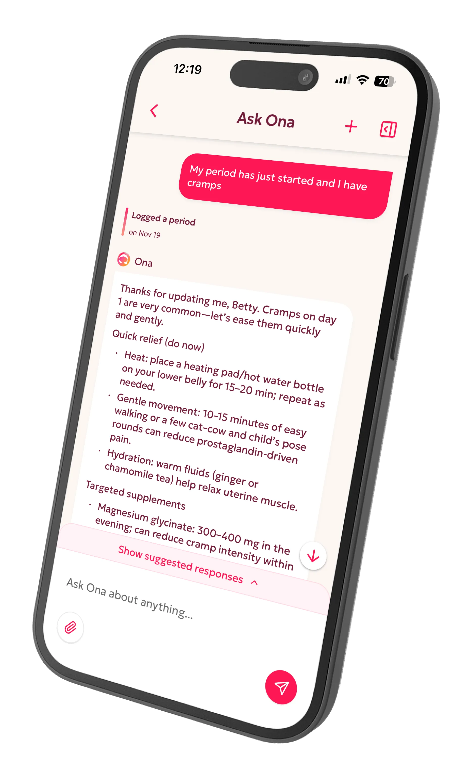 Ona Health App - AI-powered menstrual health assistant showing personalized advice