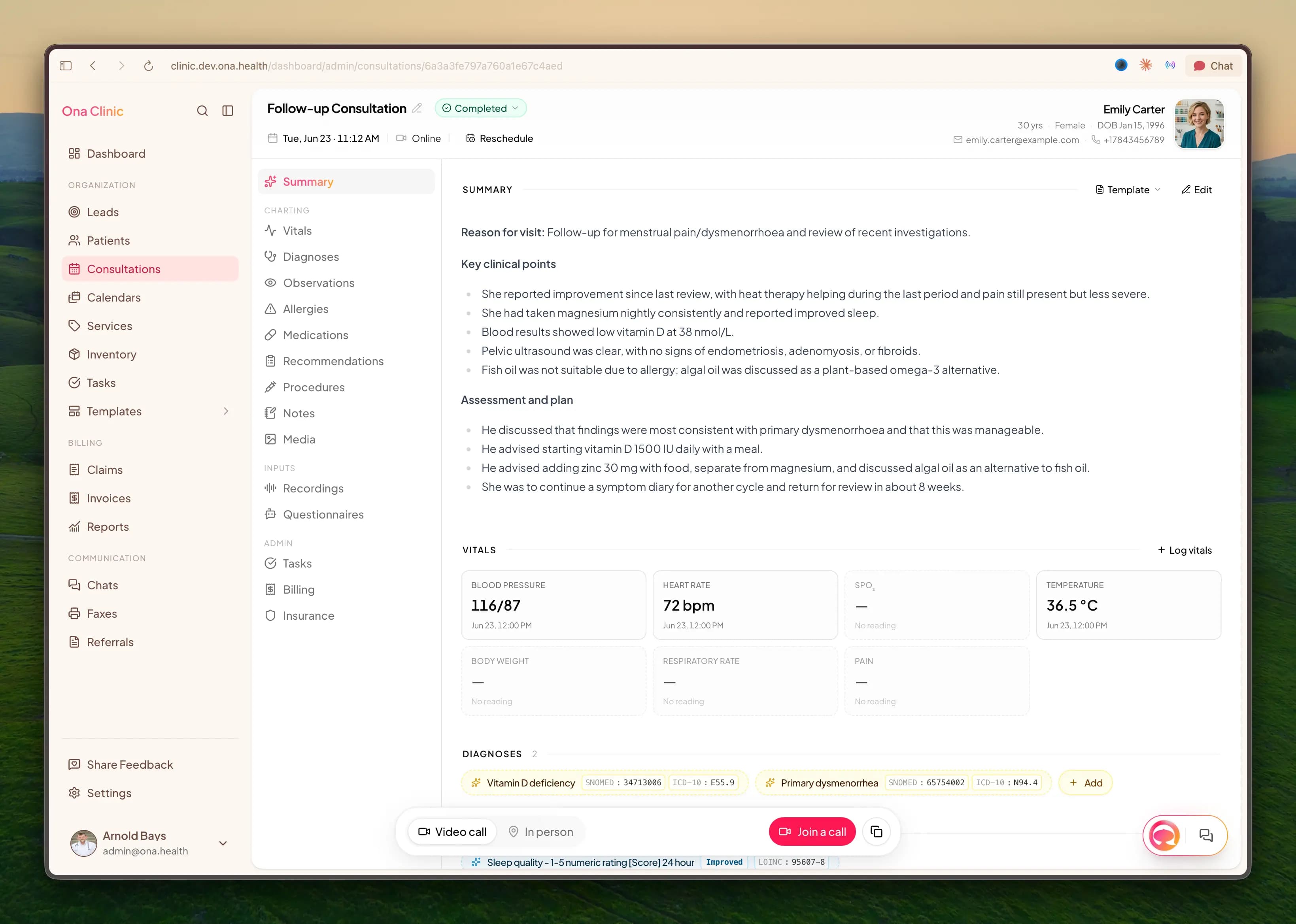 Ona AI Charting showing a patient's chart at a glance