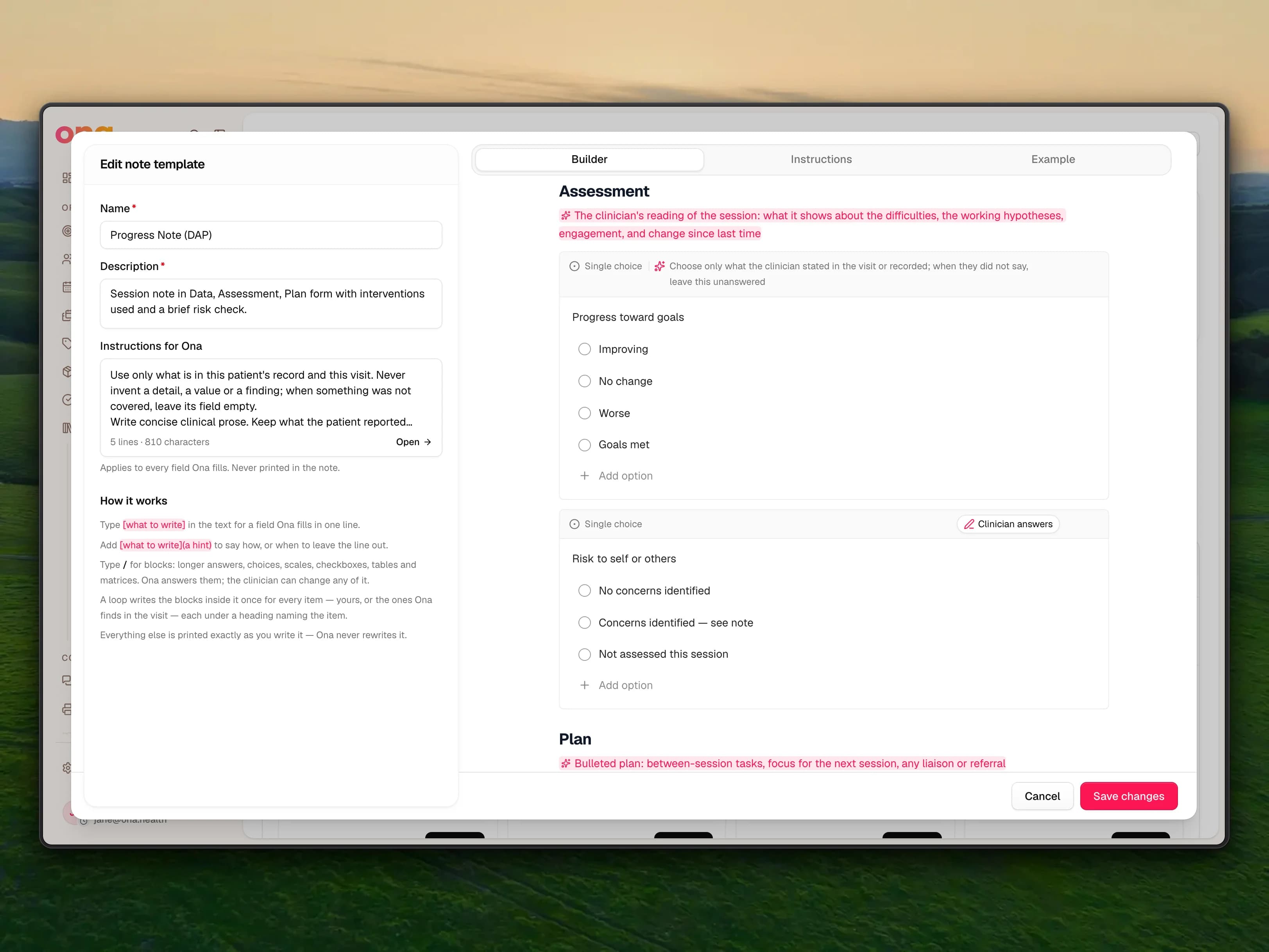 The Edit note template dialog showing a Progress Note (DAP) template: fixed Assessment and Plan headings, coral prompts for the paragraphs Ona writes, a Progress toward goals choice with an instruction for Ona, a Risk to self or others choice marked Clinician answers, and the Instructions for Ona card on the left.