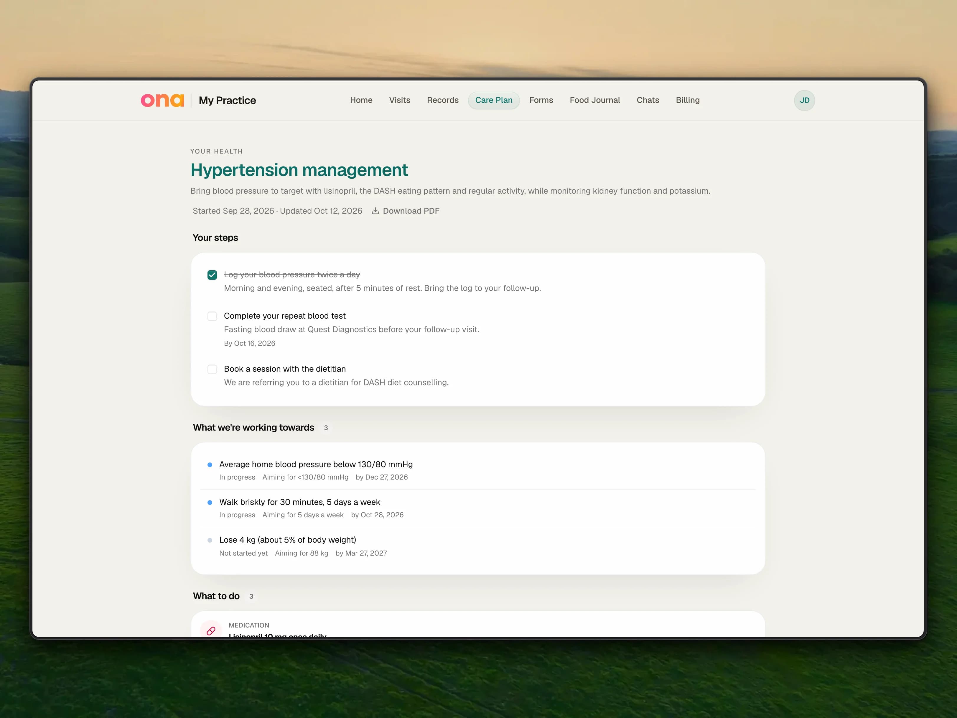 The patient portal Care Plan page for Hypertension management with a Download PDF button, a Your steps checklist with one step ticked, What we're working towards goals, and the start of the What to do recommendations