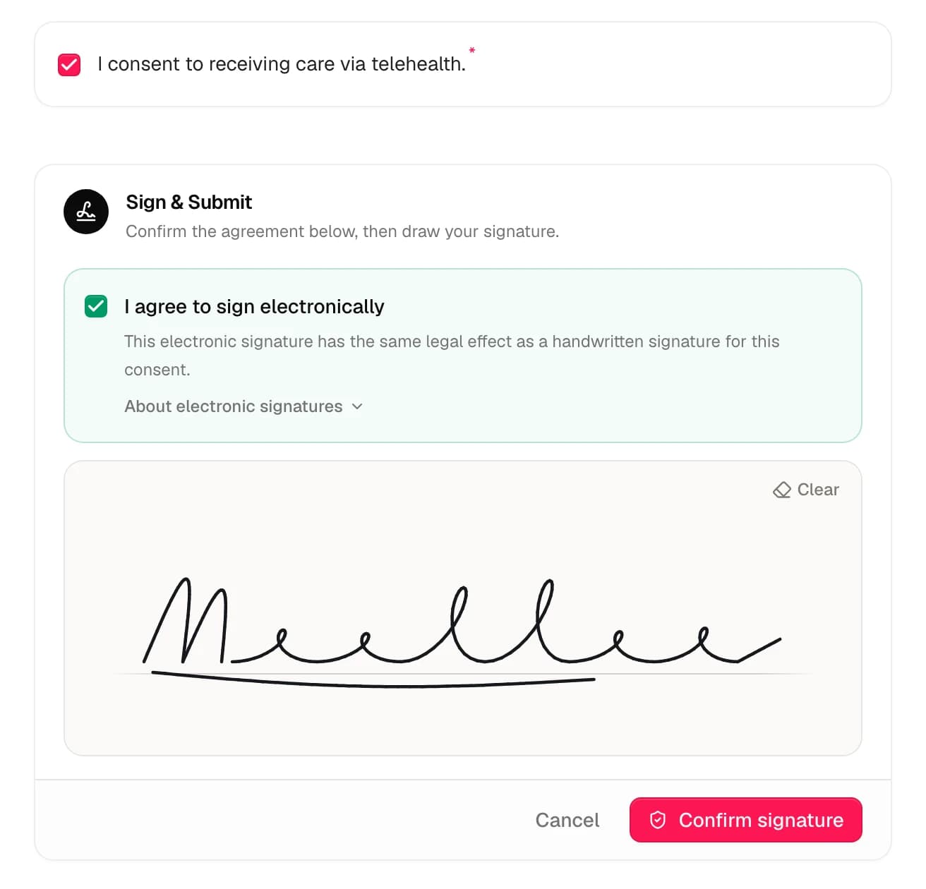 A Telehealth Consent open for signing in Ona, with the required acknowledgment ticked, I agree to sign electronically checked, a signature drawn in the signing box, and the Confirm signature button.