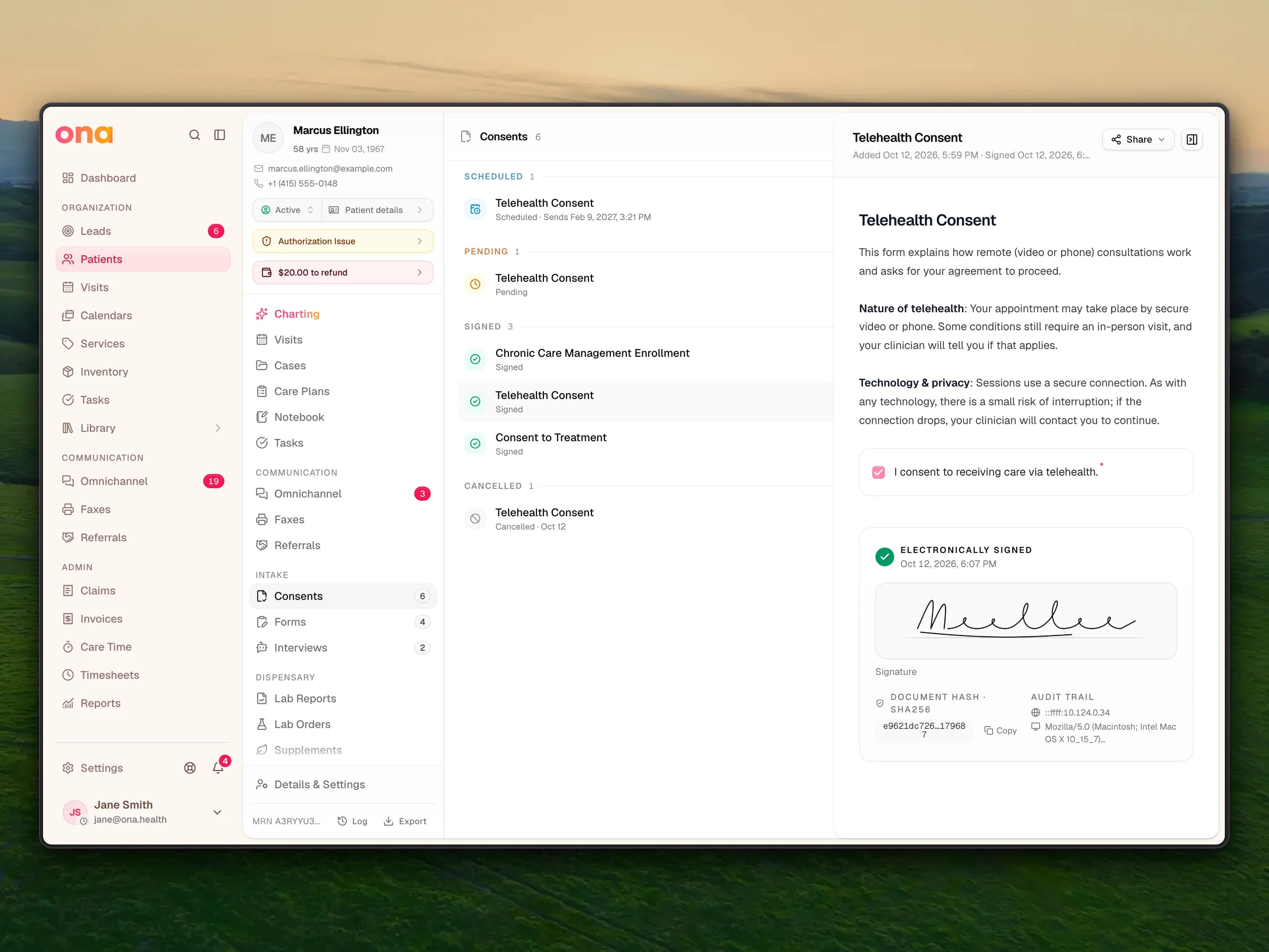 A patient's Consents page in Ona, grouped into Scheduled, Pending, Signed and Cancelled, with a signed Telehealth Consent open showing the patient's drawn signature, the SHA-256 document hash, the IP address and the browser.