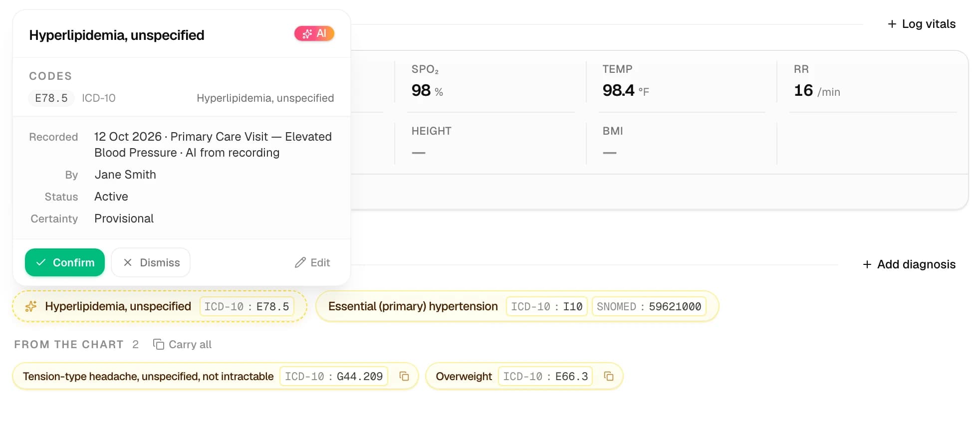 A visit's Records page: a Hyperlipidemia diagnosis pill marked with a sparkles icon and its hover card showing the AI badge, the ICD-10 code E78.5, the source line 'AI from recording' and the Confirm and Dismiss actions, above a From the chart band with Carry all