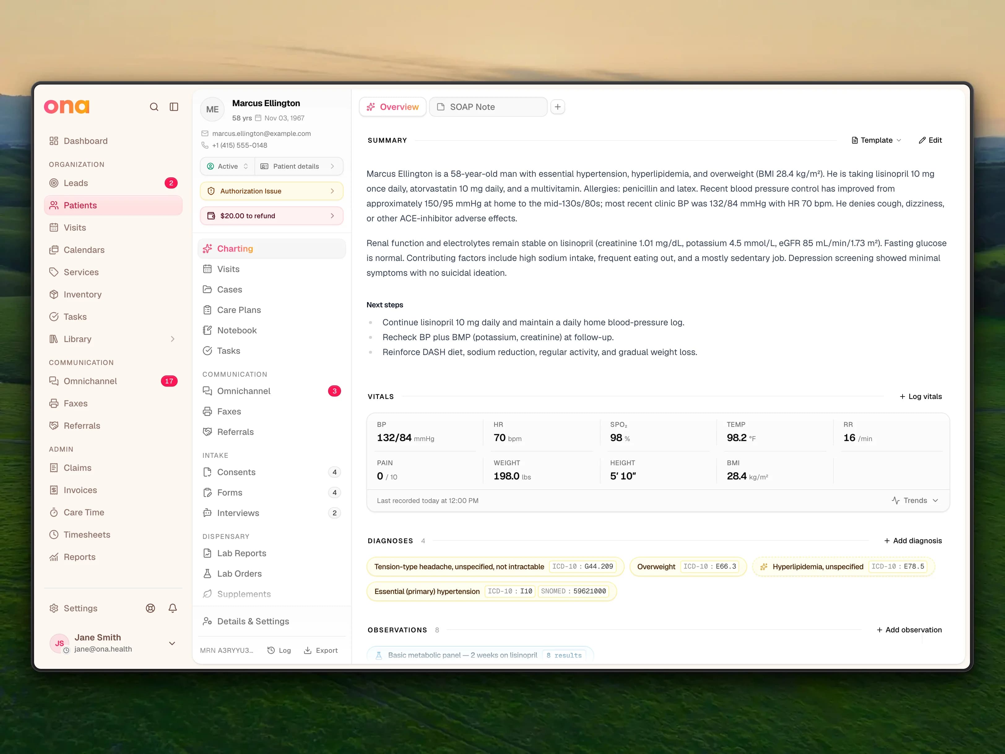 A patient chart open on Charting, Overview: the chart sidebar on the left, an AI summary with a clinical narrative and next steps, a vitals strip with blood pressure, heart rate, weight, height and BMI, and coded diagnosis pills with ICD-10 and SNOMED tags