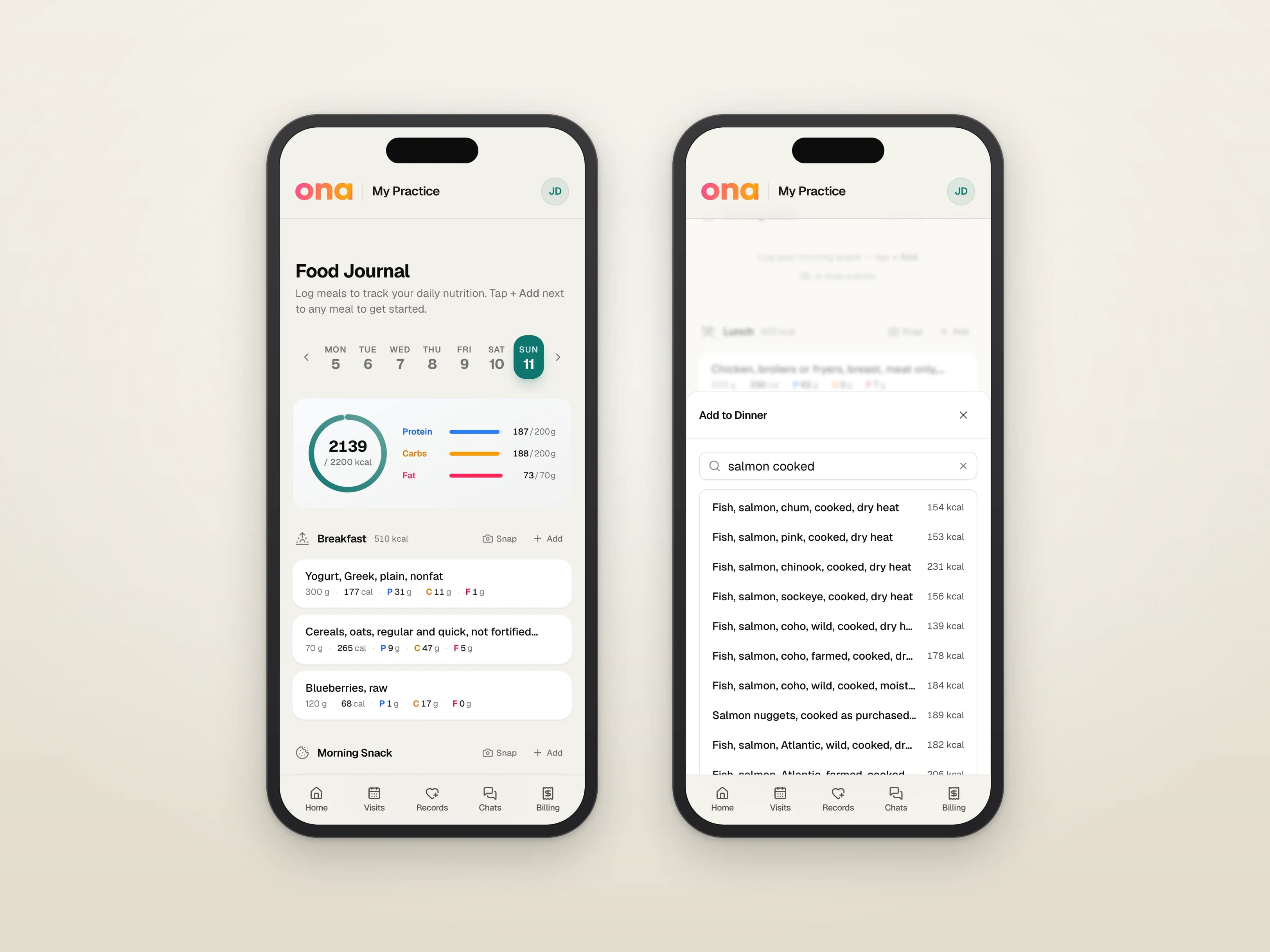 The food journal in the patient portal on two phones: a logged day with a calorie ring and protein, carbs and fat bars against target and the breakfast entries with their macros, and the Add to Dinner sheet searching USDA foods for salmon.