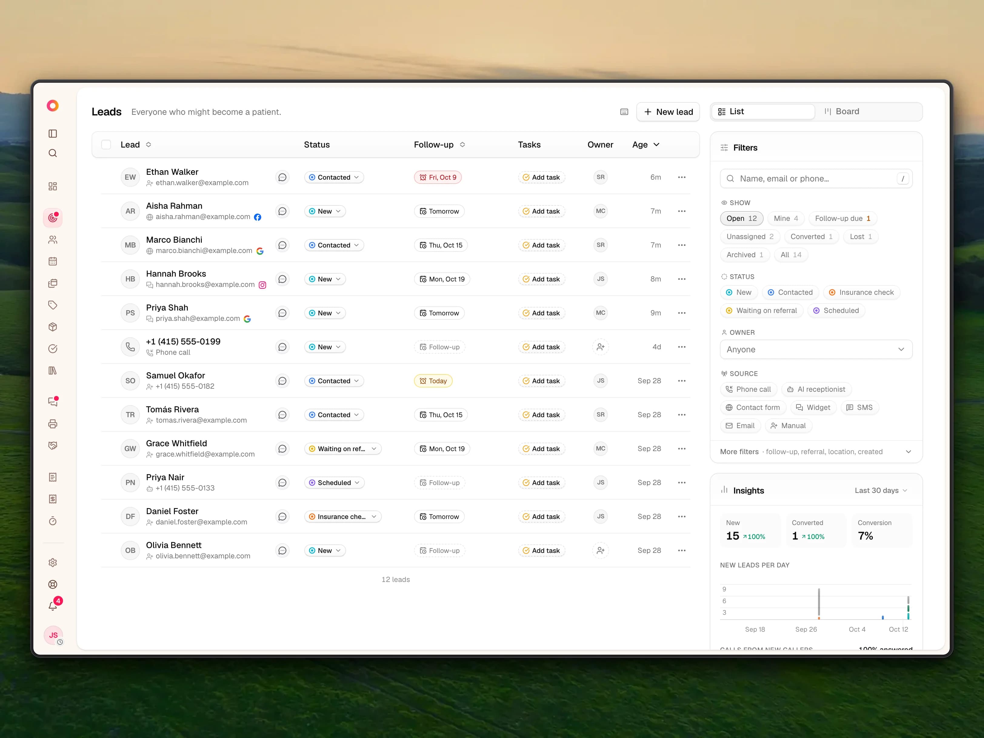 The Leads page in list view with twelve open leads, each with its status (New, Contacted, Insurance check, Waiting on referral, Scheduled), follow-up (one overdue, one due today), owner and source, Google, Facebook and Instagram marks on website leads, and a right rail of filters and insights