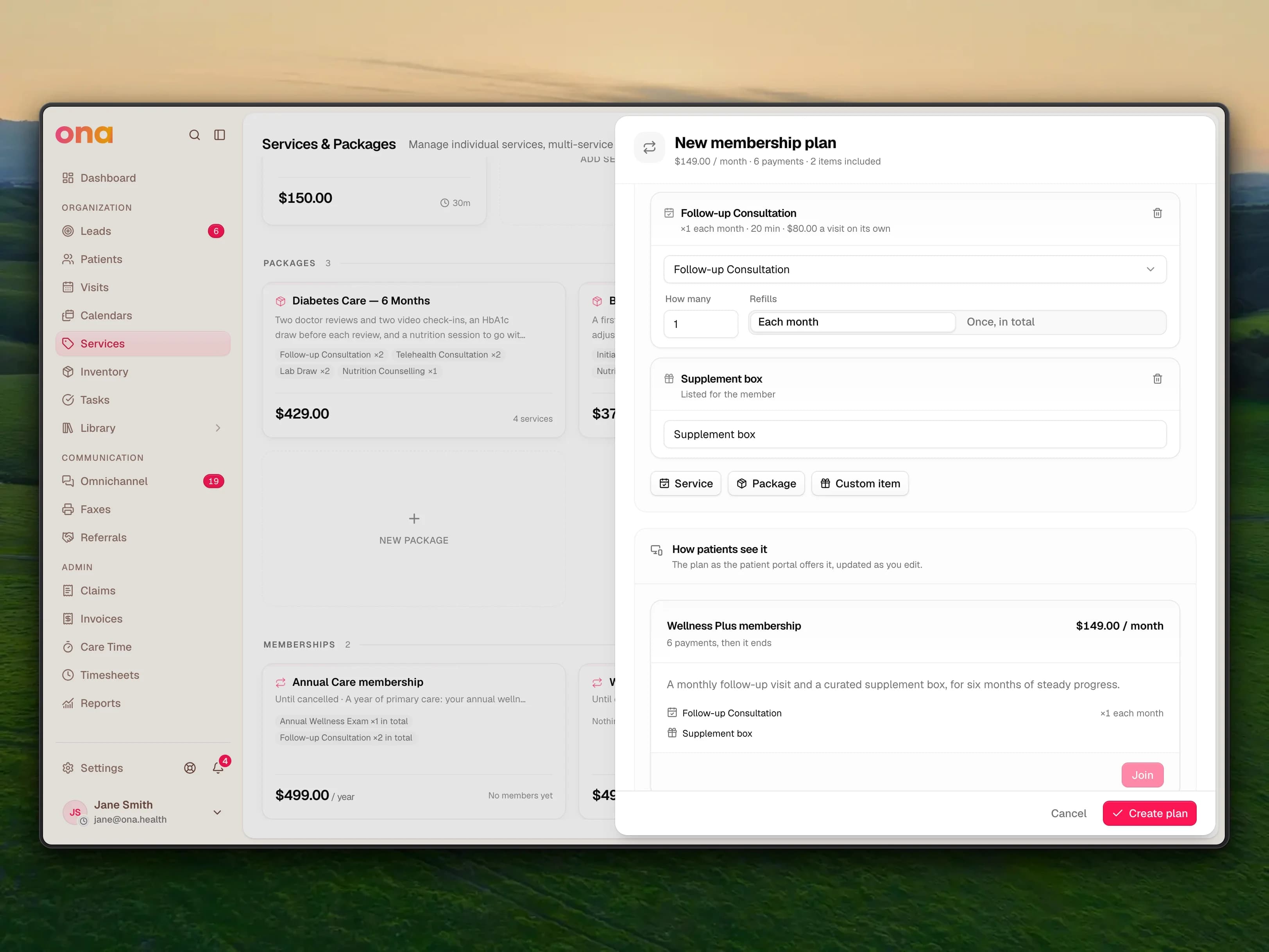 The Services page with a new membership plan open for editing: $149 a month for 6 payments, a Follow-up Consultation that refills each month and a Supplement box listed as a custom item, and a live preview of the plan as patients see it.