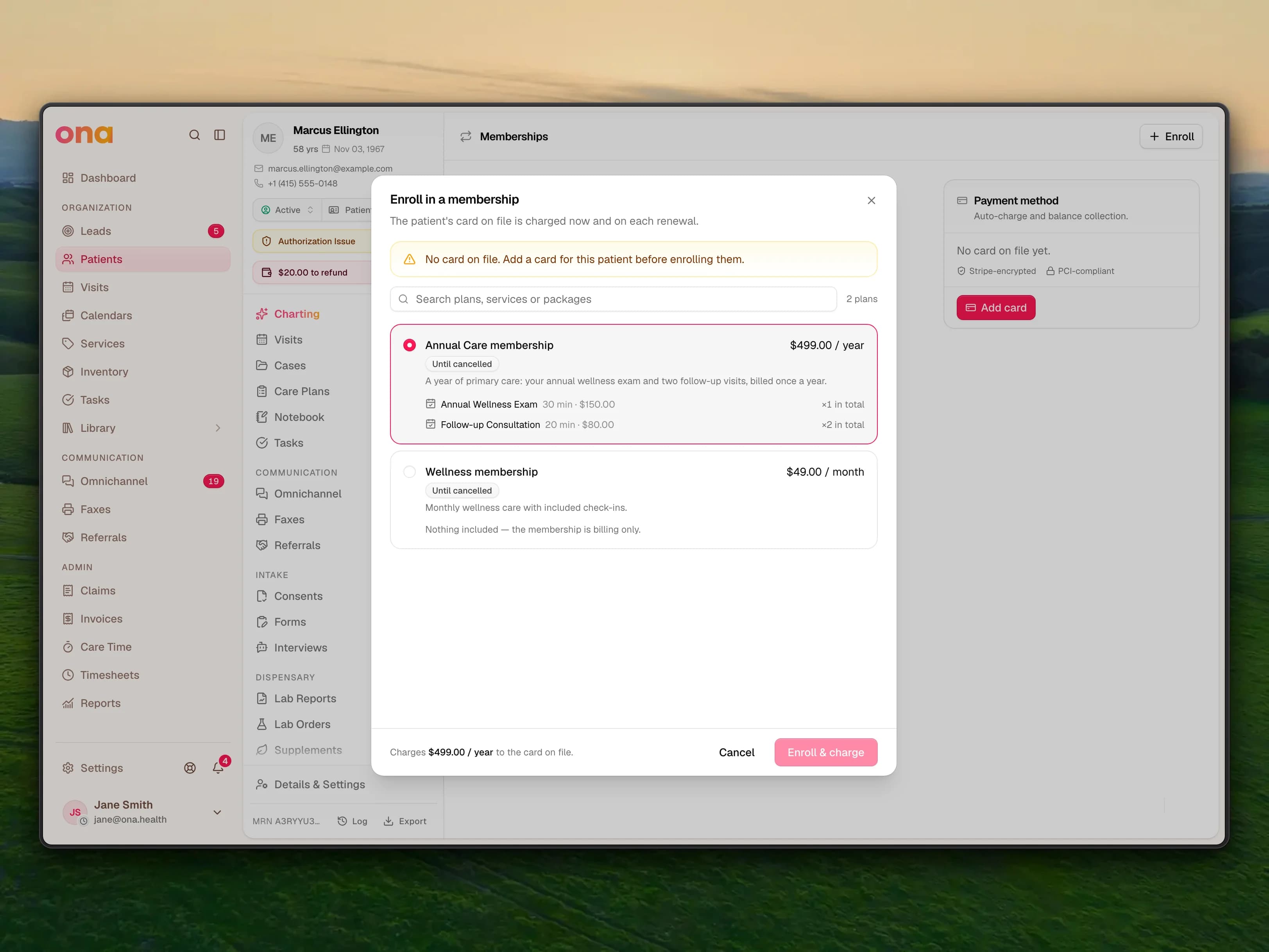The Enroll in a membership dialog in a patient's chart with the Annual Care membership selected at $499 a year, including an annual wellness exam and two follow-up consultations, a note that the card on file is charged now and at each renewal, and a warning that this patient has no card on file yet, with Add card on the payment method panel behind.