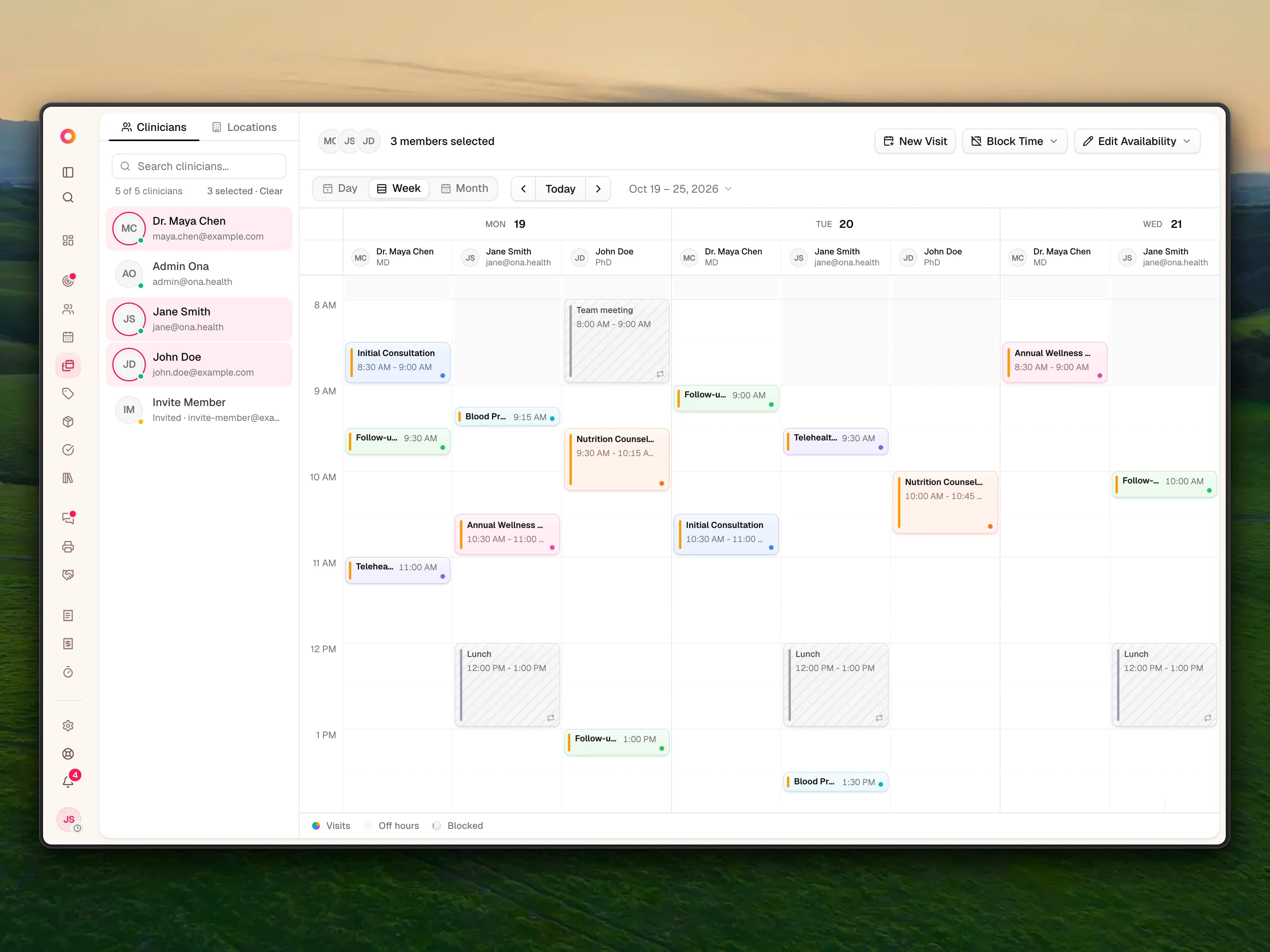 The Calendars page in Week view with Dr. Maya Chen, Jane Smith and John Doe side by side under each day, visits colored by service (Initial Consultation, Follow-up, Telehealth, Nutrition Counselling, Blood Pressure Check, Annual Wellness Exam), a repeating lunch block, a repeating team meeting and shaded off hours