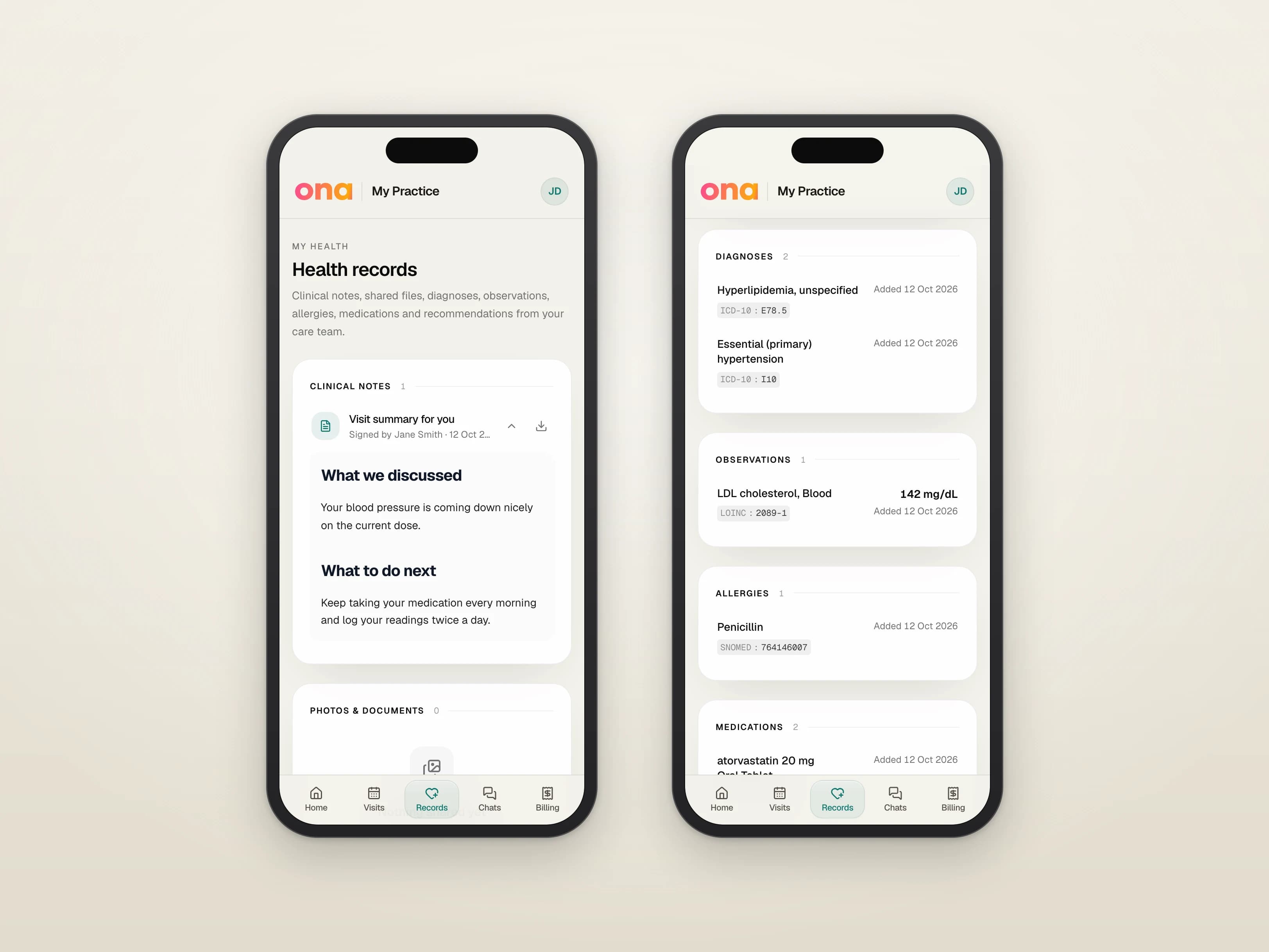 Health records in the patient portal on two phones: a shared visit summary opened, with its download button, and diagnoses with ICD-10 codes, an LDL cholesterol result, a penicillin allergy and the start of the medications list.