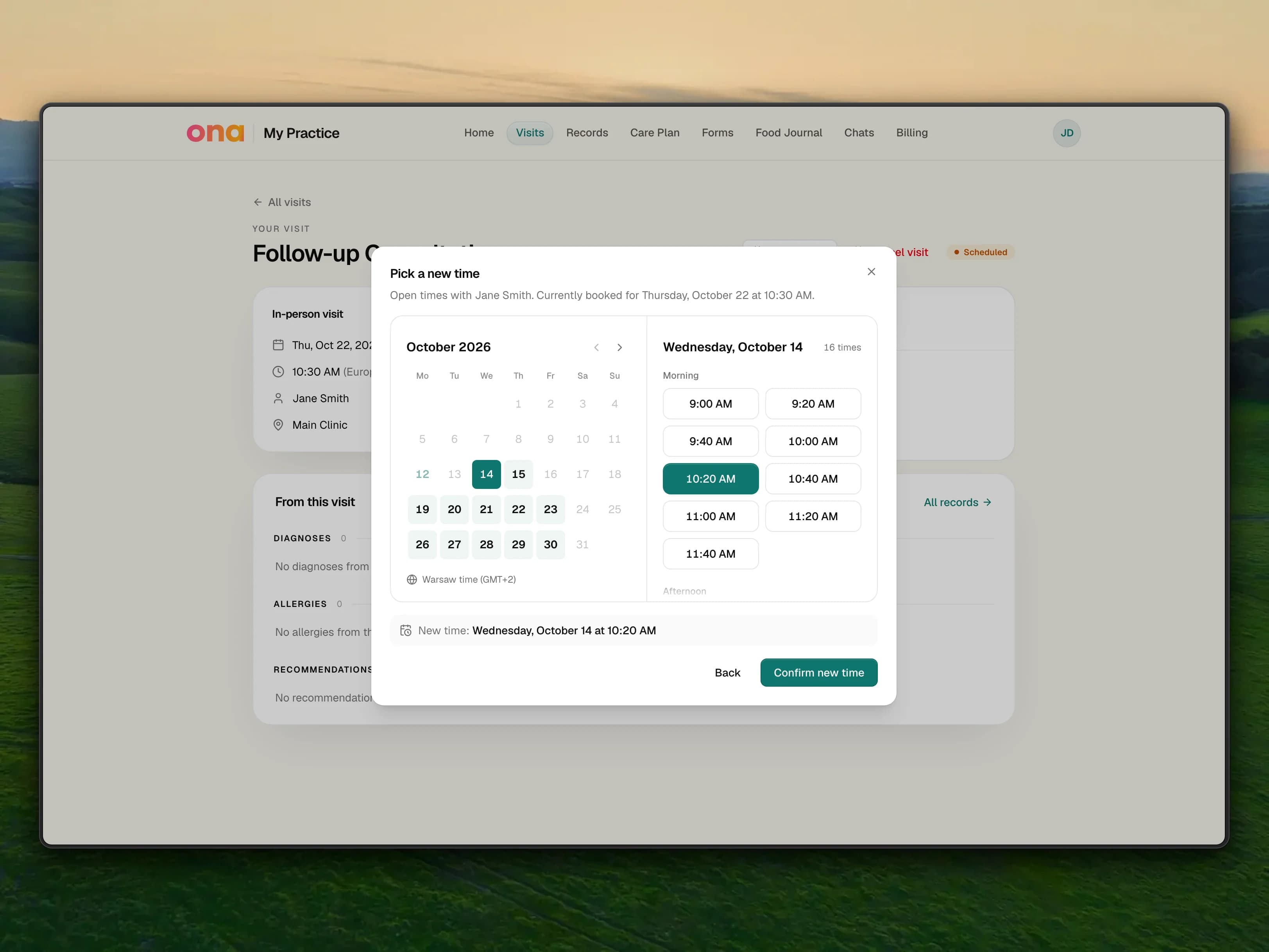 The Pick a new time dialog open over a visit's detail page in the patient portal: open days on a calendar, morning slots with Jane Smith, the chosen new time and a Confirm new time button.