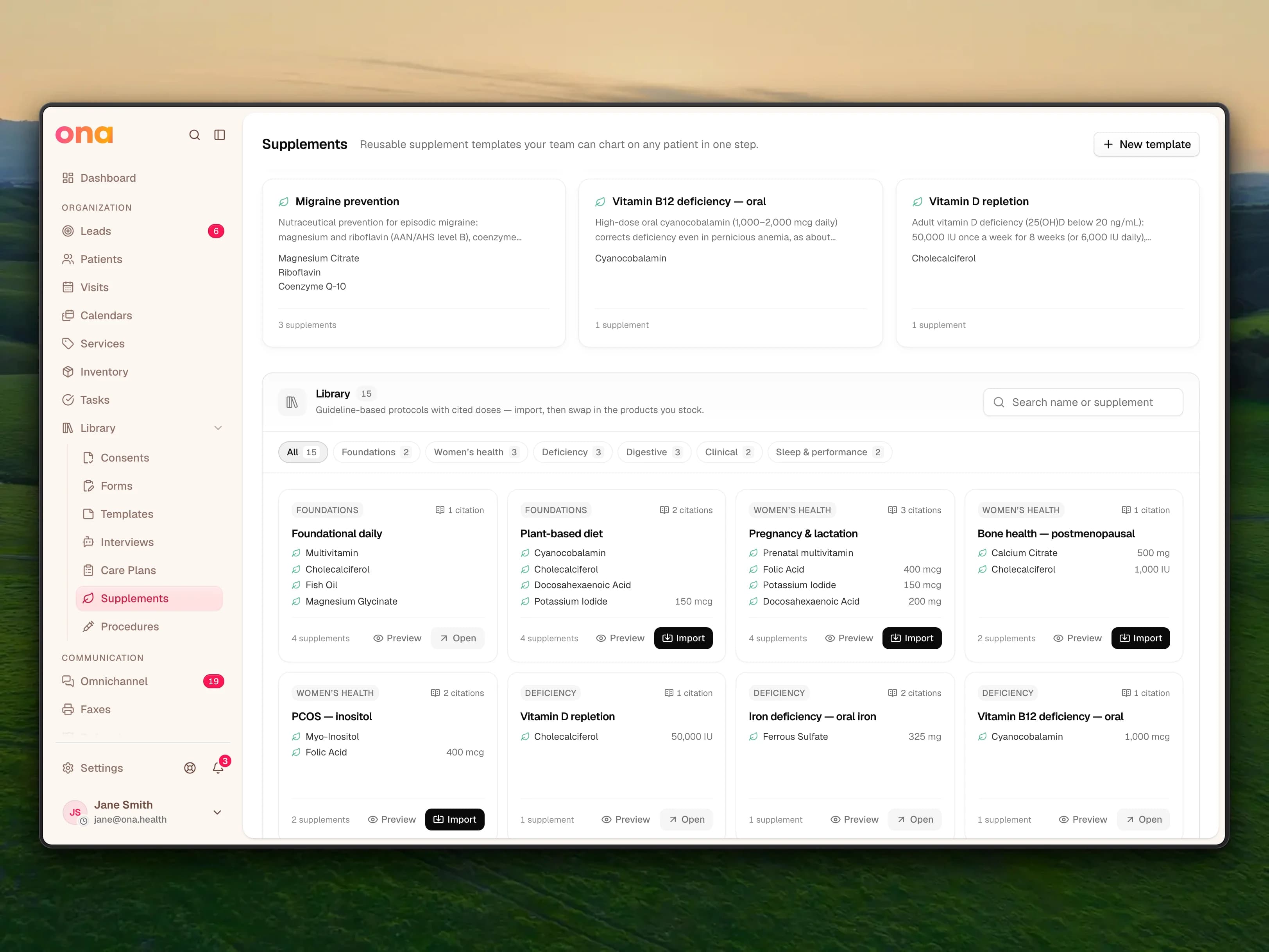 Library → Supplements with the practice's templates as cards above the starter library, filtered by Foundations, Women's health, Deficiency, Digestive, Clinical and Sleep & performance, each card showing its citation count and Preview and Import buttons