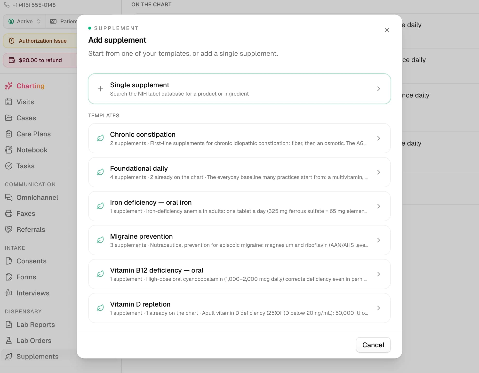 The Add supplement dialog offering Single supplement above the practice's templates, such as Vitamin D repletion and Iron deficiency — oral iron, each with its supplement count and how many are already on the chart