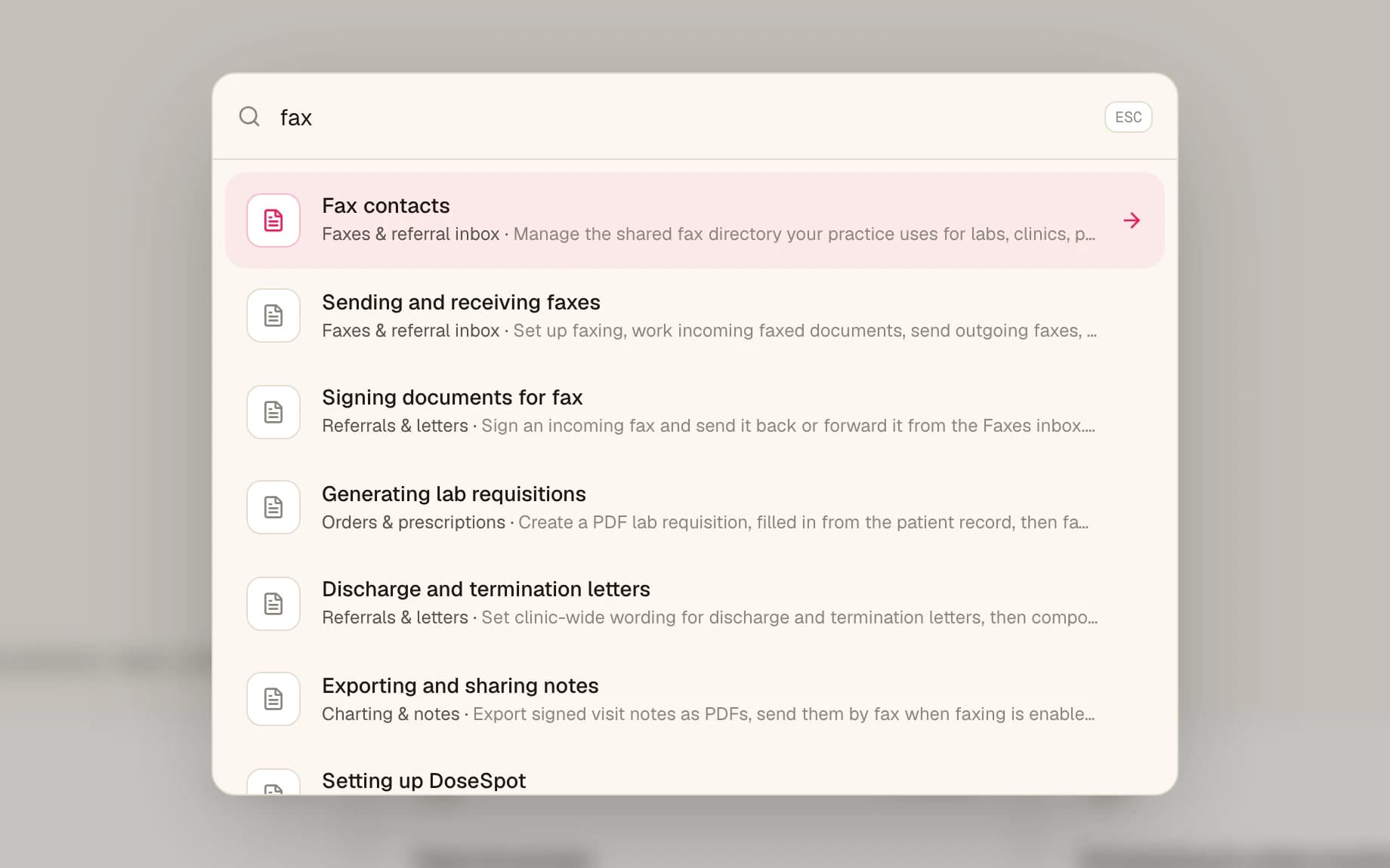 The Ona Help Center with the search open, listing step-by-step articles that match the word fax.