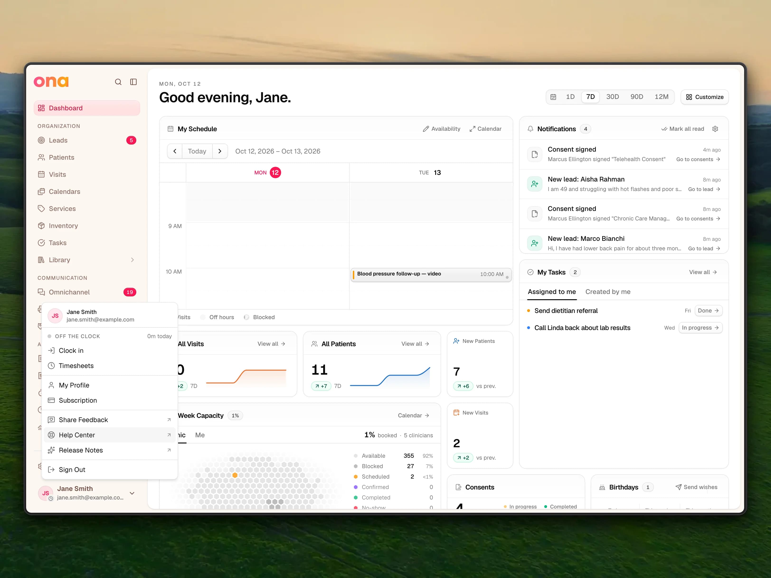 The Ona dashboard with the account menu open from Jane Smith's user button, listing Clock in, Timesheets, My Profile, Subscription, Share Feedback, Help Center and Release Notes, with Help Center highlighted.