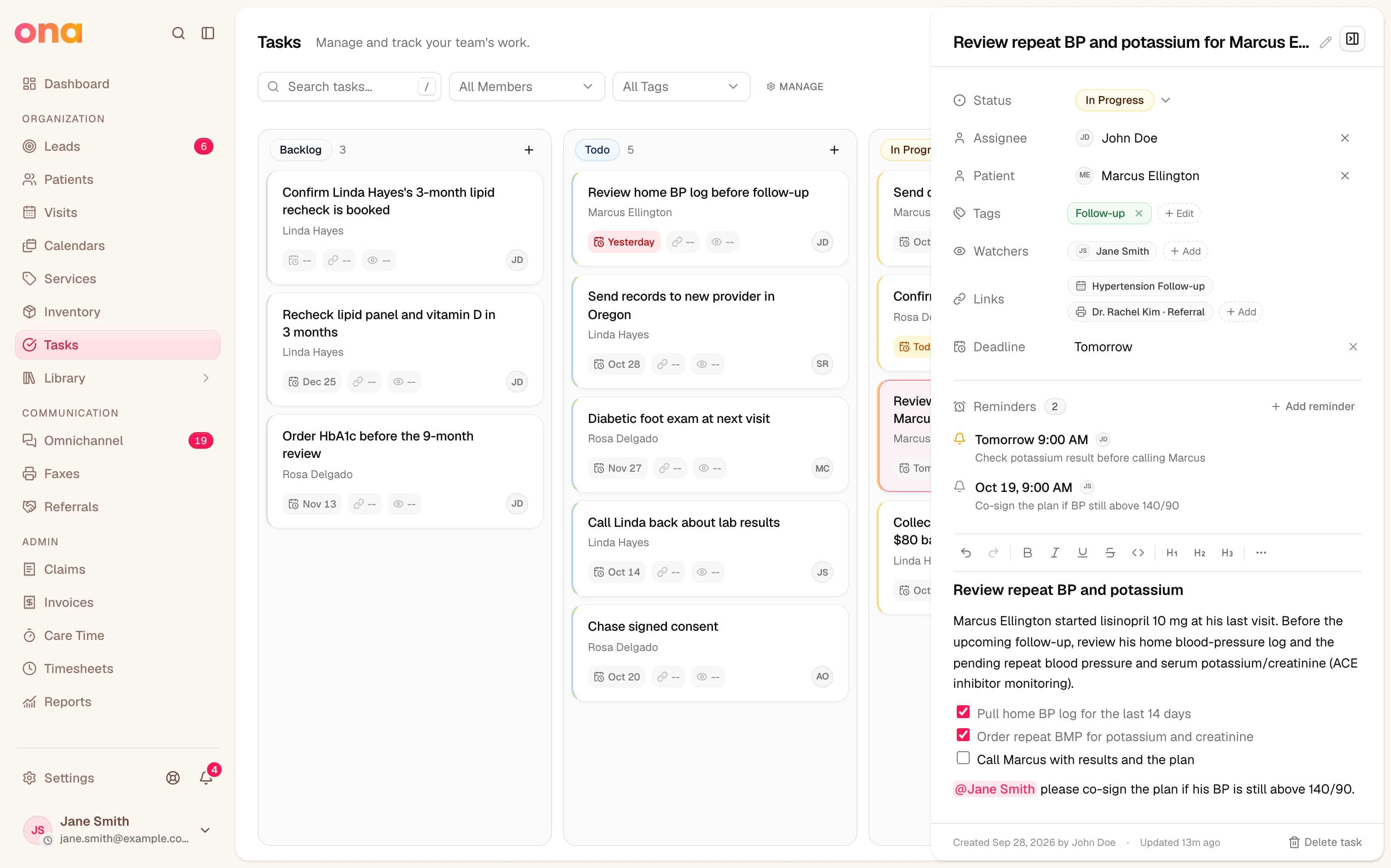 A task docked beside the Tasks board, showing its status, assignee, the patient Marcus Ellington, tags, a linked visit and fax, a watcher, a deadline, a checklist in the description and two scheduled reminders.