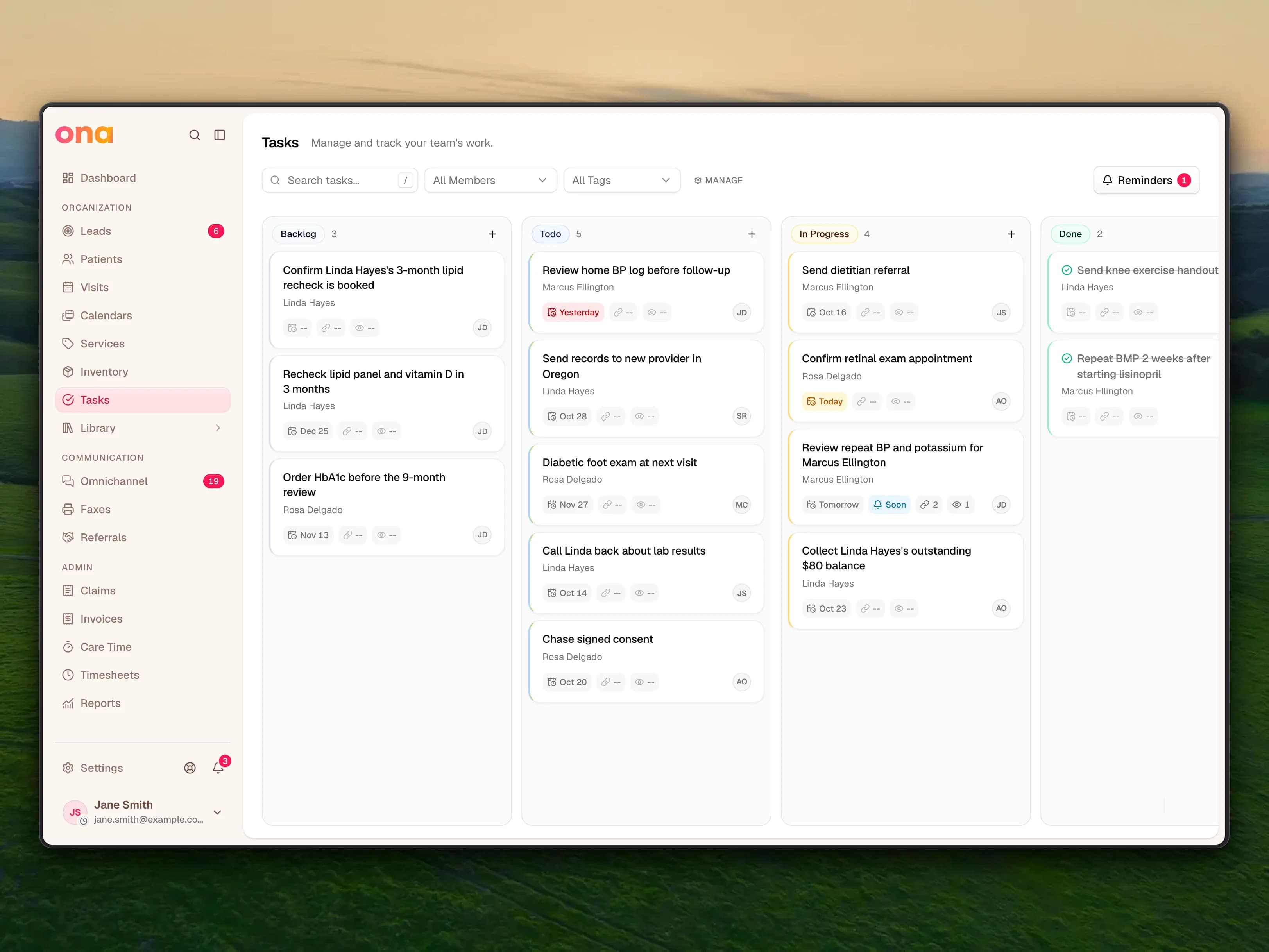The Tasks board with Todo, In Progress and Done columns. Cards show the task title, the patient's name, a deadline chip such as Today or Oct 28, a linked-record count and the assignee's avatar.