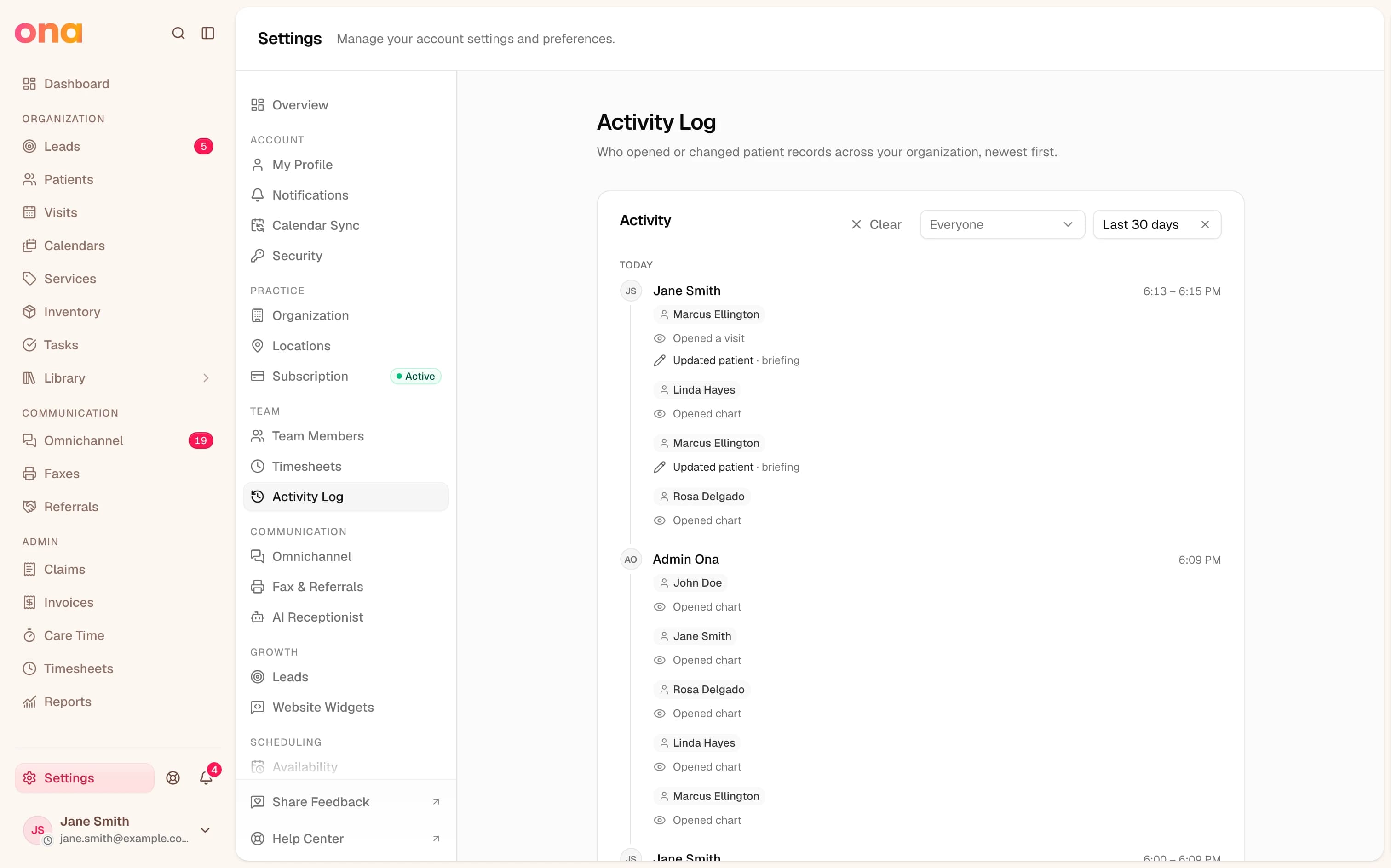 Settings → Activity Log filtered to Everyone and the last 30 days, showing today's timeline: Jane Smith opened a visit and patient charts and updated Marcus Ellington's record, and Admin Ona opened five patient charts.