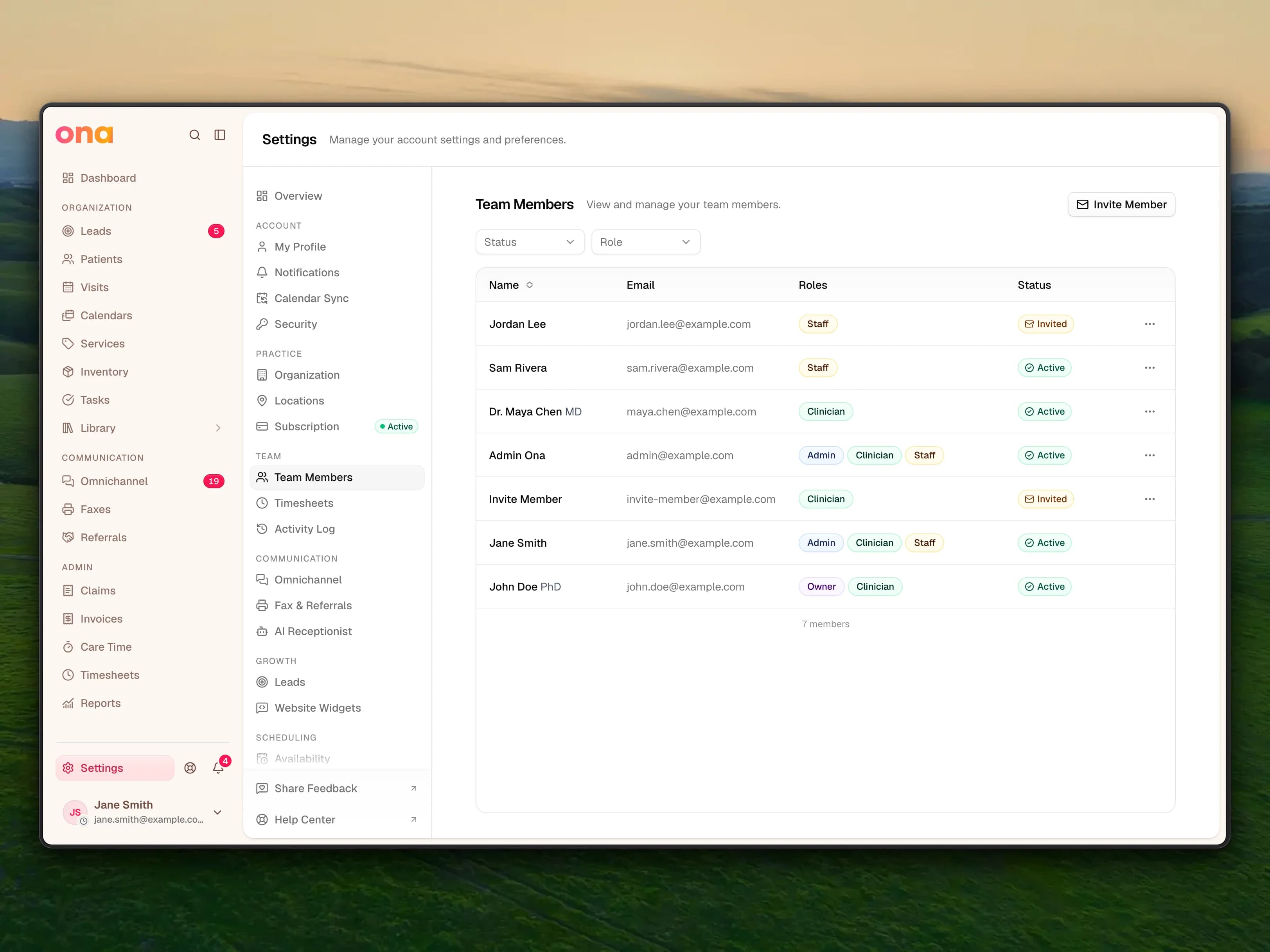 Settings → Team Members listing owners, admins, clinicians and staff with their roles and status, including a teammate whose invitation is still pending.
