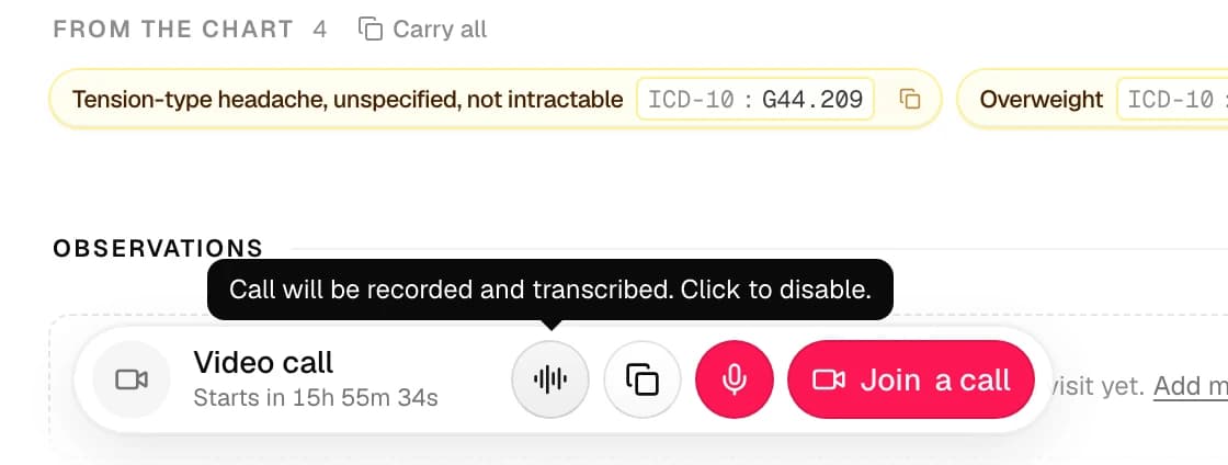The bottom dock of a video visit: Video call with the time until it starts, the call-recording switch on, with a tooltip saying the call will be recorded and transcribed, a button to copy the patient's link, Start recording, and Join a call.