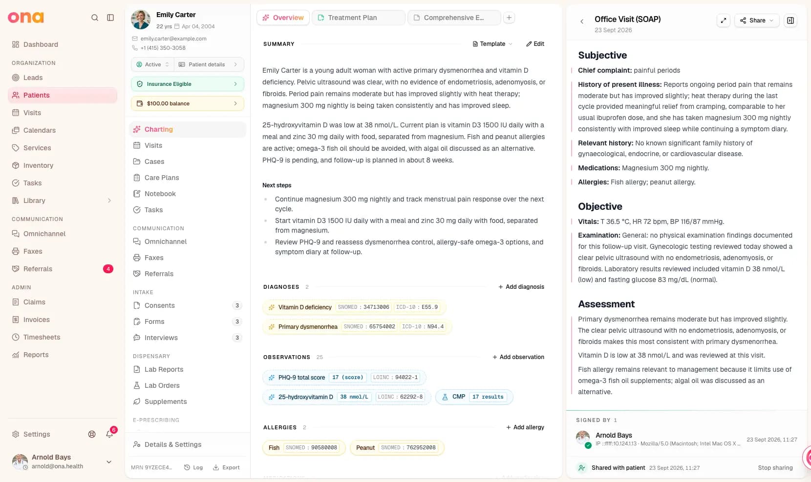 Emily Carter's chart in Ona: summary, next steps, coded diagnoses, observations and allergies, with her signed SOAP note from the office visit open beside it