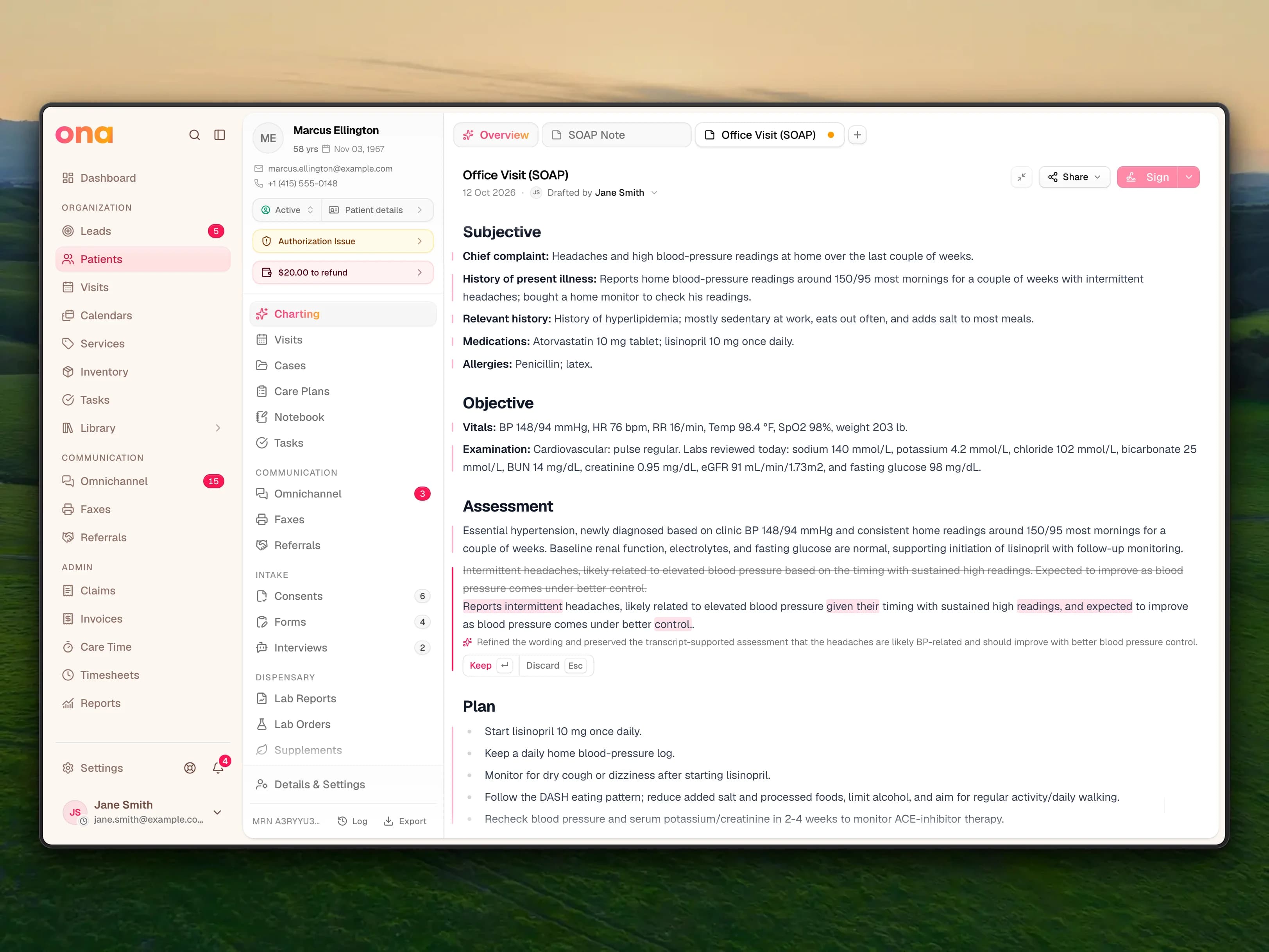 Automated Charting — AI charting: clinical notes Ona drafts and you sign