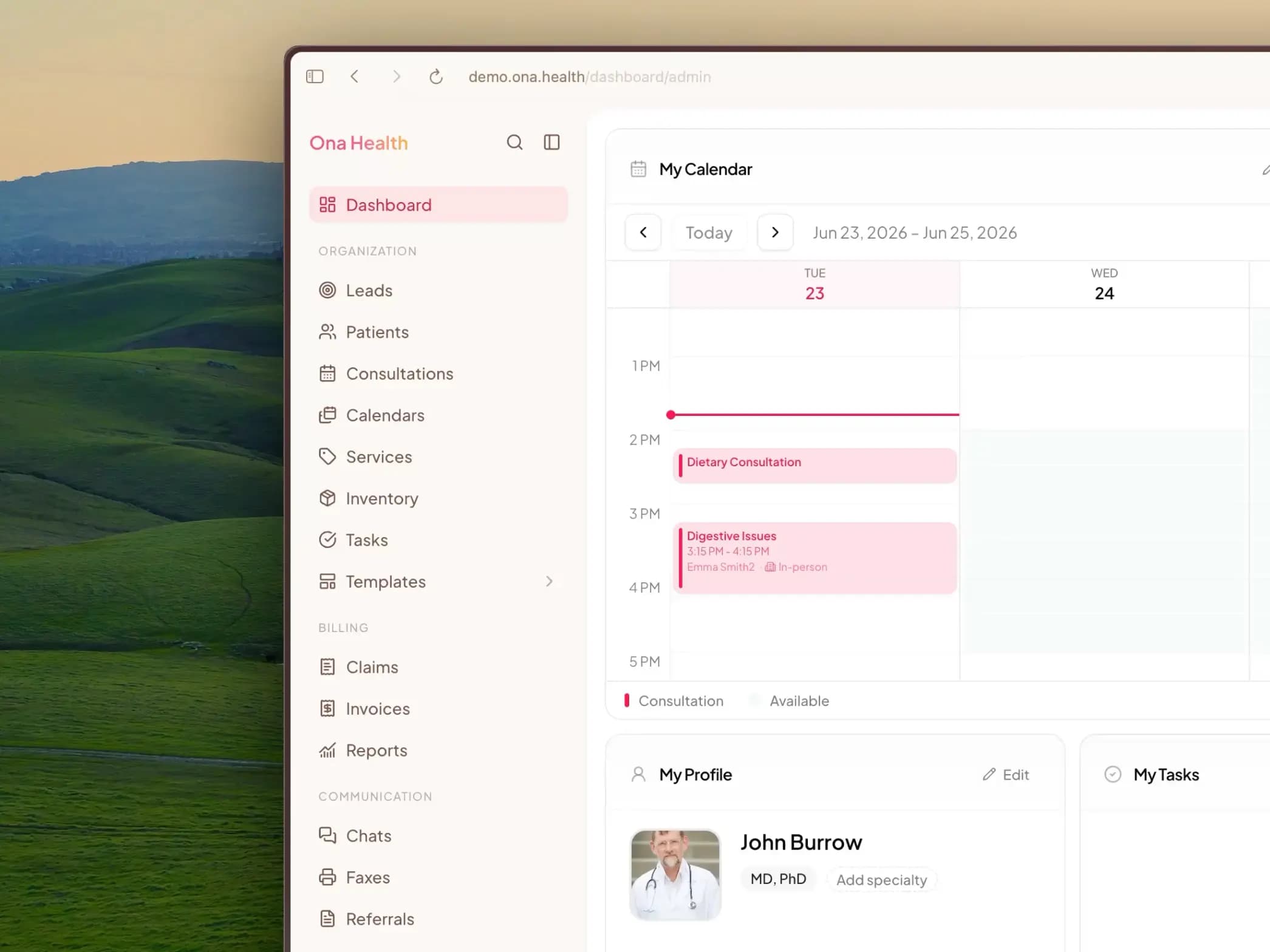 Ona Health dashboard with calendar, navigation sidebar, and clinician profile