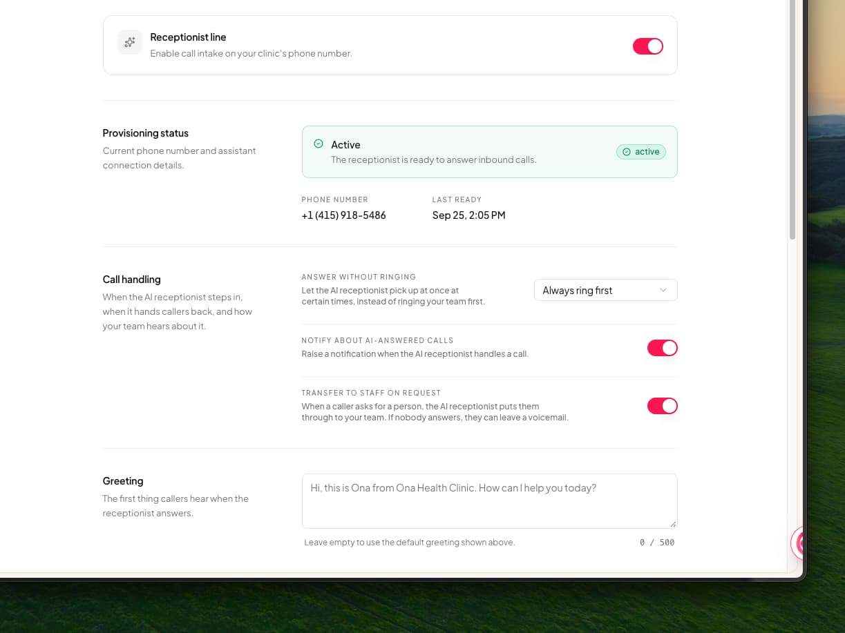 The AI Receptionist settings page with the receptionist active, a Call handling section holding Answer without ringing set to Always ring first, Notify about AI-answered calls switched on and Transfer to staff on request switched on, and a Greeting section below with the default greeting as a placeholder