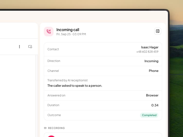 The details panel of a completed incoming call from Isaac Hagar, with a Transferred by AI receptionist row reading The caller asked to speak to a person, followed by Answered on Browser, a duration of 0:34 and the outcome Completed