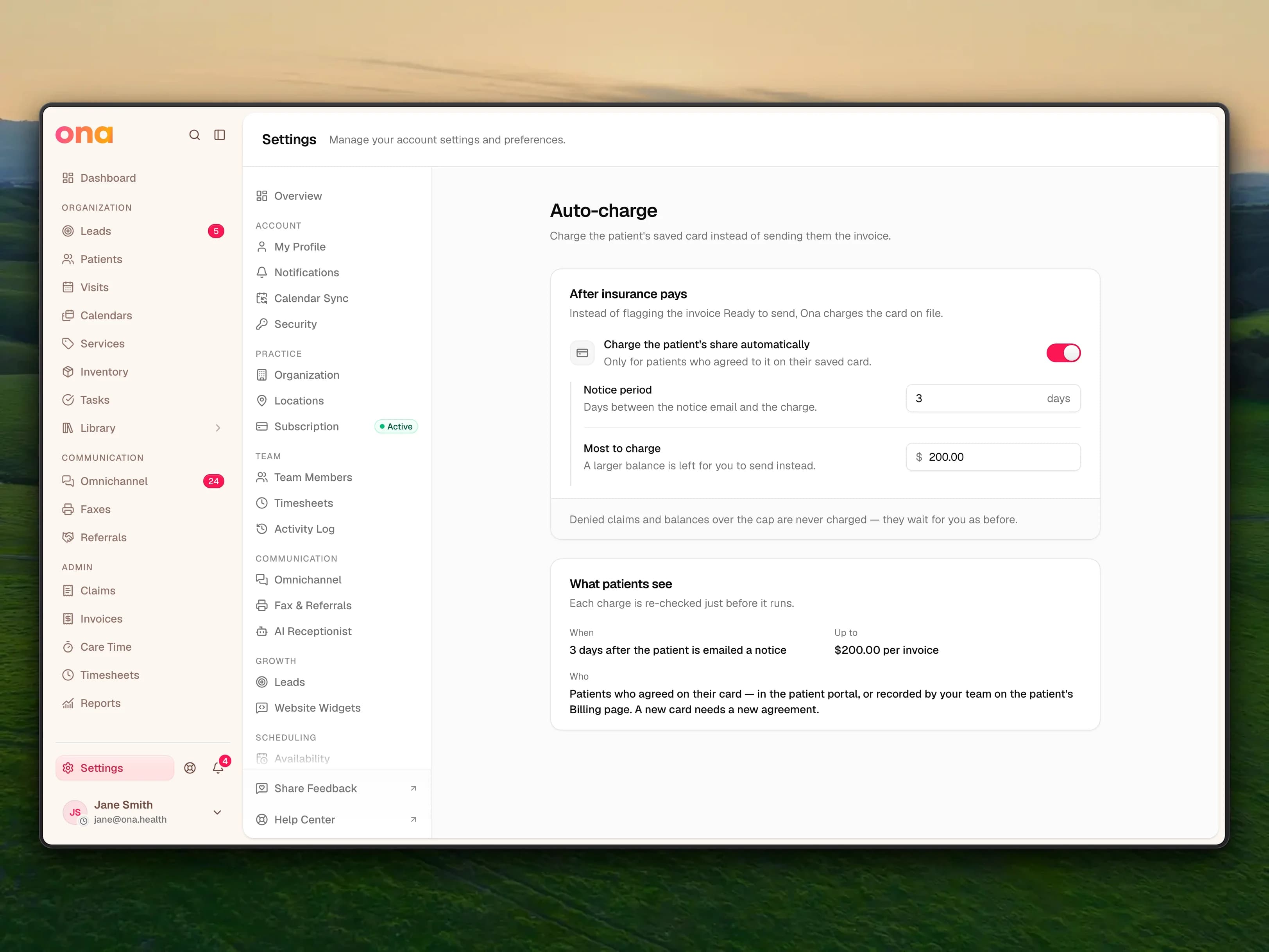 The Auto-charge settings page with Charge the patient's share automatically switched on, a Notice period of 3 days and Most to charge $200.00, above a What patients see card: 3 days after the patient is emailed a notice, up to $200.00 per invoice, for patients who agreed on their card