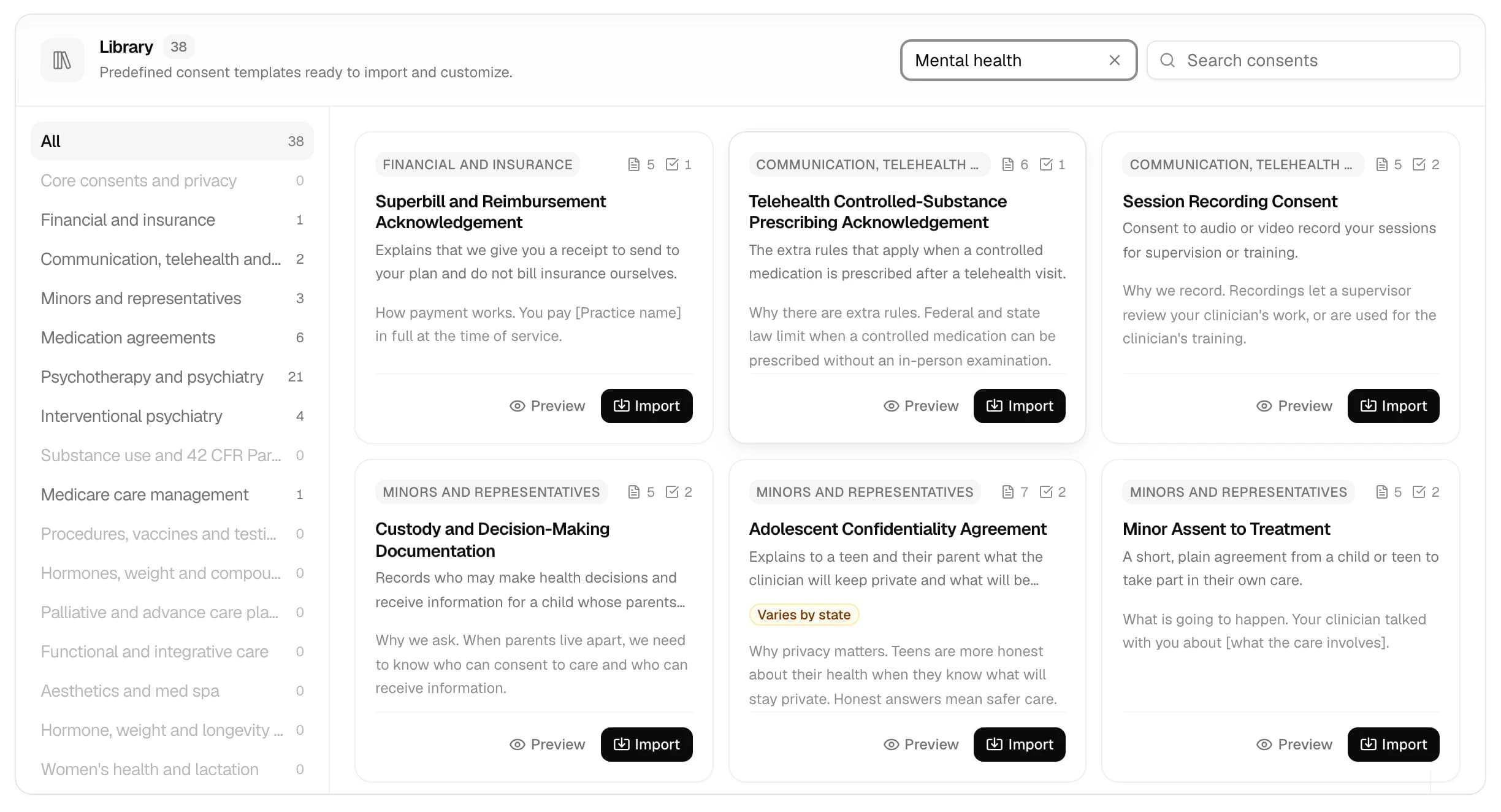 The consent Library filtered to Mental health, showing 38 templates, with categories such as Psychotherapy and psychiatry (21) and Medication agreements (6) on the left, and cards such as Session Recording Consent, Minor Assent to Treatment and Adolescent Confidentiality Agreement, marked Varies by state, each with Preview and Import