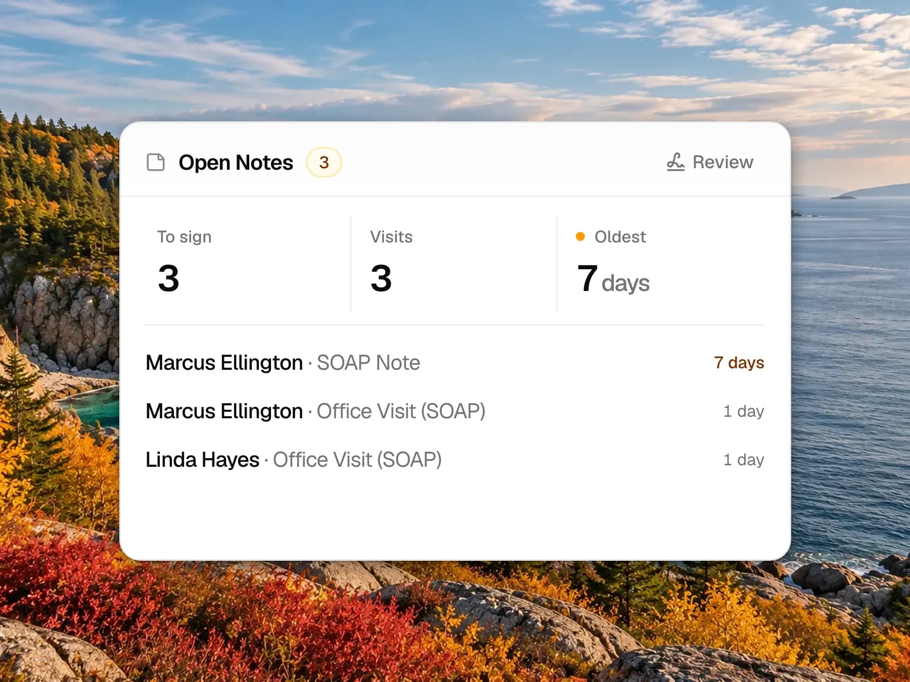 The Open Notes widget with a badge of 3: To sign 3, Visits 3 and Oldest 7 days marked amber, then Marcus Ellington's SOAP Note waiting 7 days in amber, and his Office Visit (SOAP) and Linda Hayes's Office Visit (SOAP) waiting 1 day each. Review sits top right