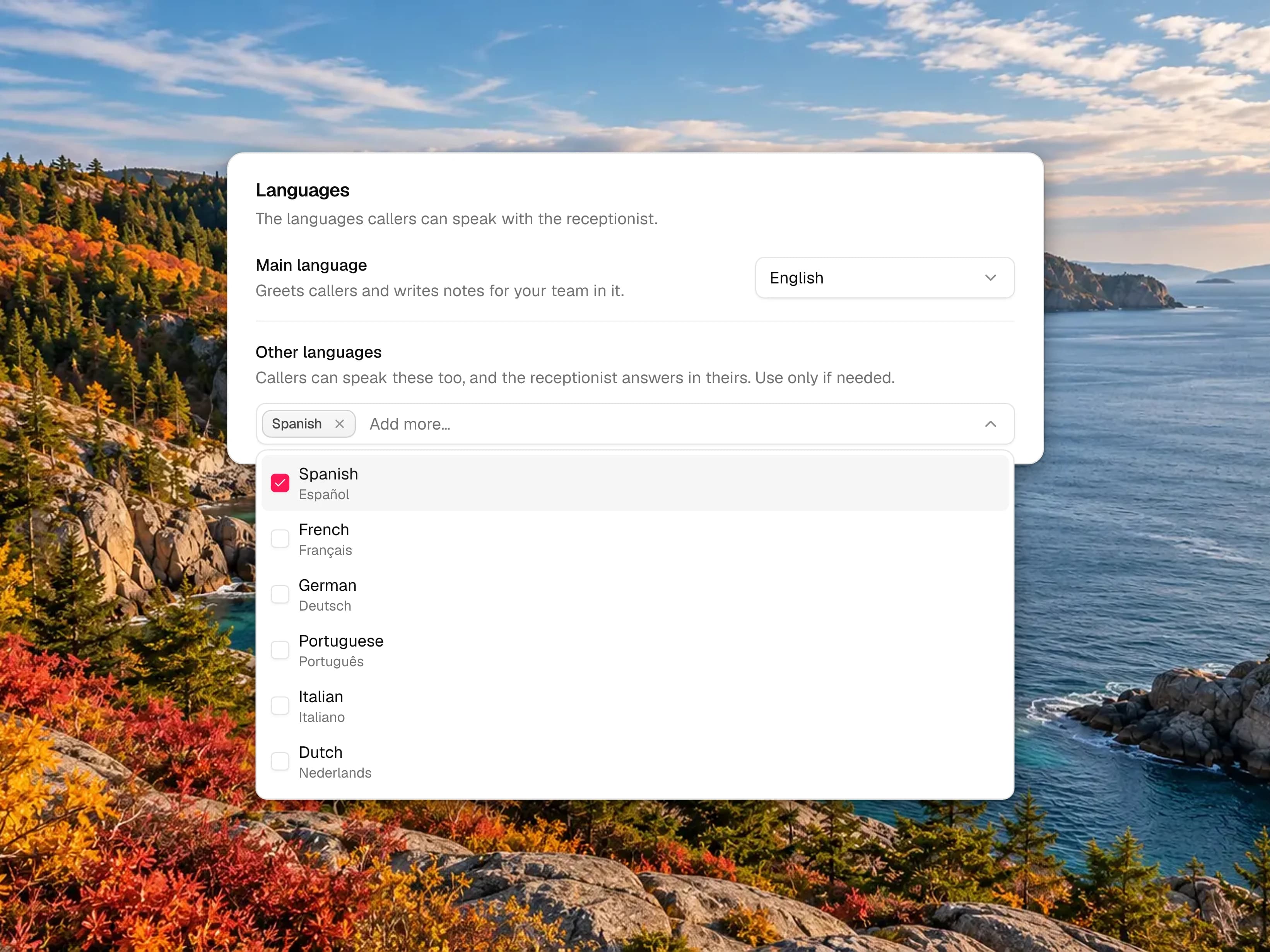 The Languages section of the AI Receptionist settings: Main language English, and Other languages with Spanish added, its list open on Spanish (Español) ticked, then French, German, Portuguese, Italian and Dutch, each under its own name
