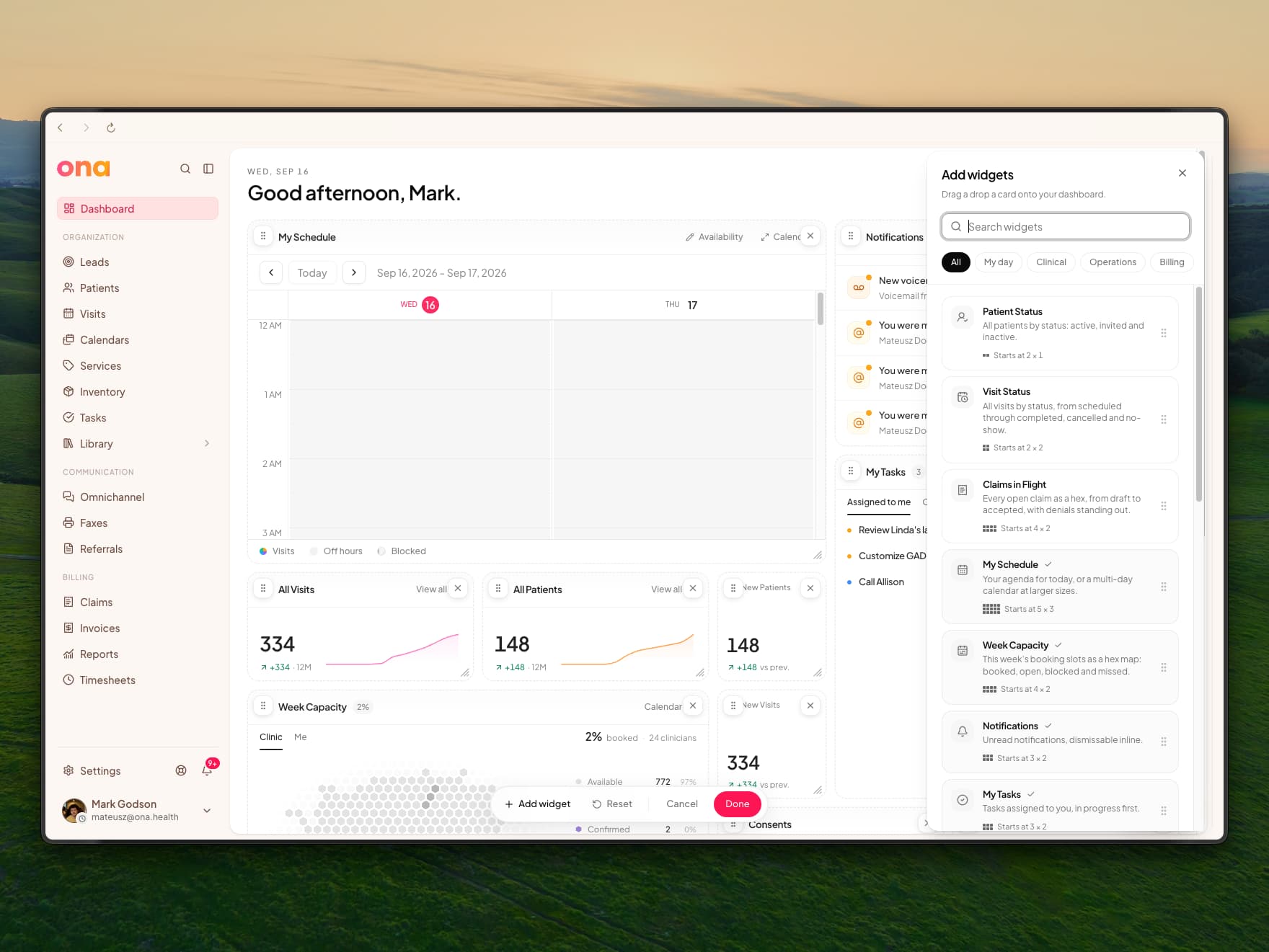 The dashboard in edit mode with dashed widget borders, remove buttons and resize handles, the Add widgets catalogue open on the right, and the Add widget, Reset, Cancel and Done dock at the bottom