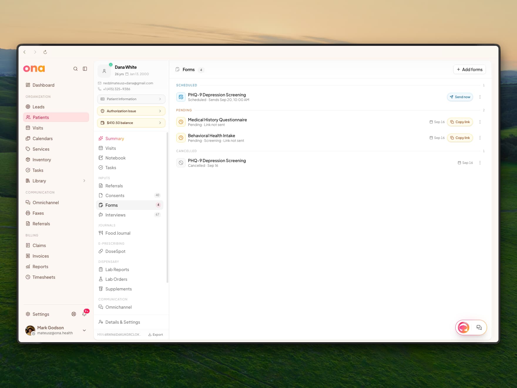 A patient's Forms tab with a Scheduled PHQ-9 that sends Sep 20 at 10:00 AM and a Send now button, two pending forms marked Link not sent, and a cancelled PHQ-9