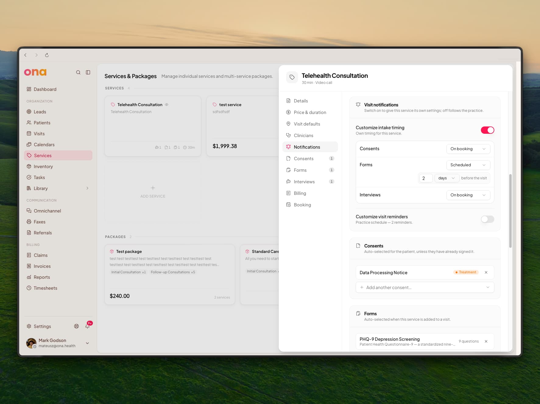 The Telehealth Consultation service editor on the Notifications tab, with Customize intake timing switched on and Scheduled set to 3 days before the visit