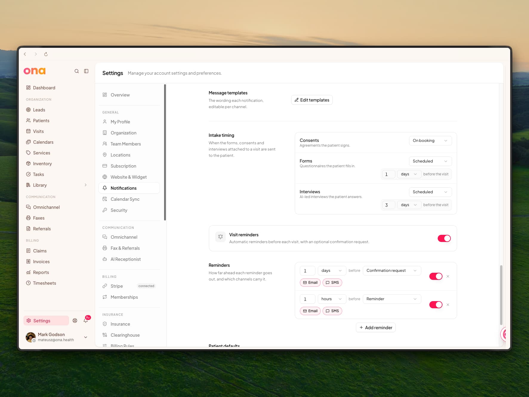 The Intake timing setting with When the visit is booked and Scheduled options, Scheduled selected and set to send 3 days before the visit, above the Visit reminders section