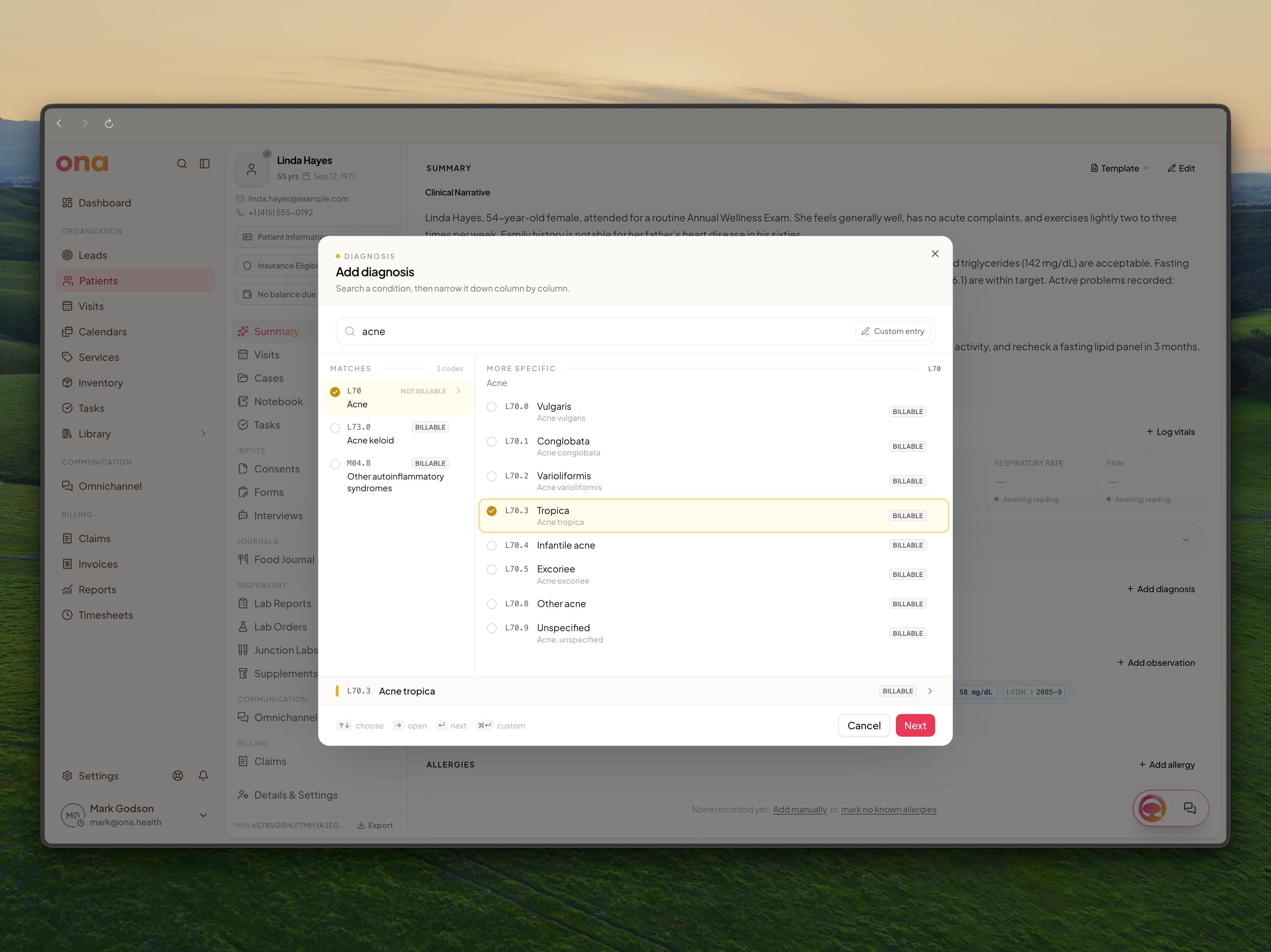 The Add diagnosis dialog after searching for acne, with the L70 category in the first column and its billable subtypes in the second