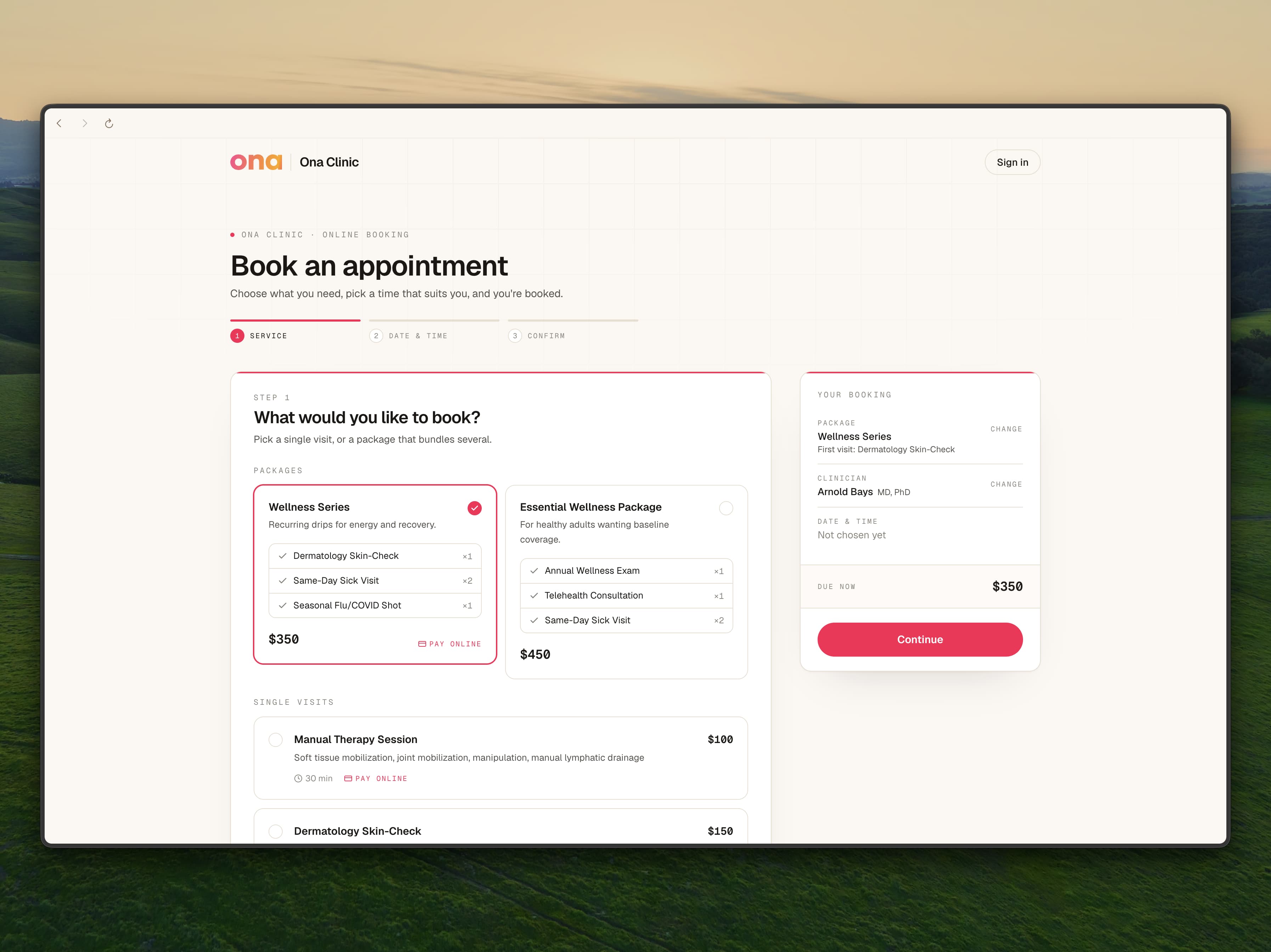 Step one of the booking page, with two packages above a list of single visits and a summary rail showing the amount due now