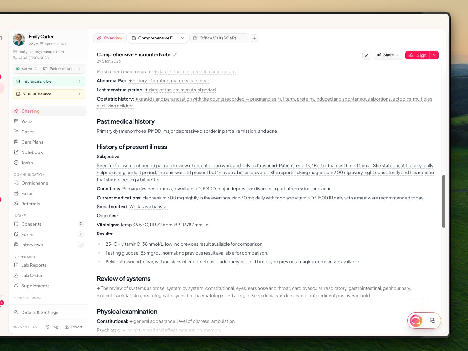 Emily Carter's chart with Charting selected in the sidebar and a tab strip holding Overview, Comprehensive Encounter Note and Office Visit (SOAP), with a plus button; the Comprehensive Encounter Note from 29 Sept 2026 is open full width with Share and Sign buttons, showing Past medical history, History of present illness, Review of systems and Physical examination
