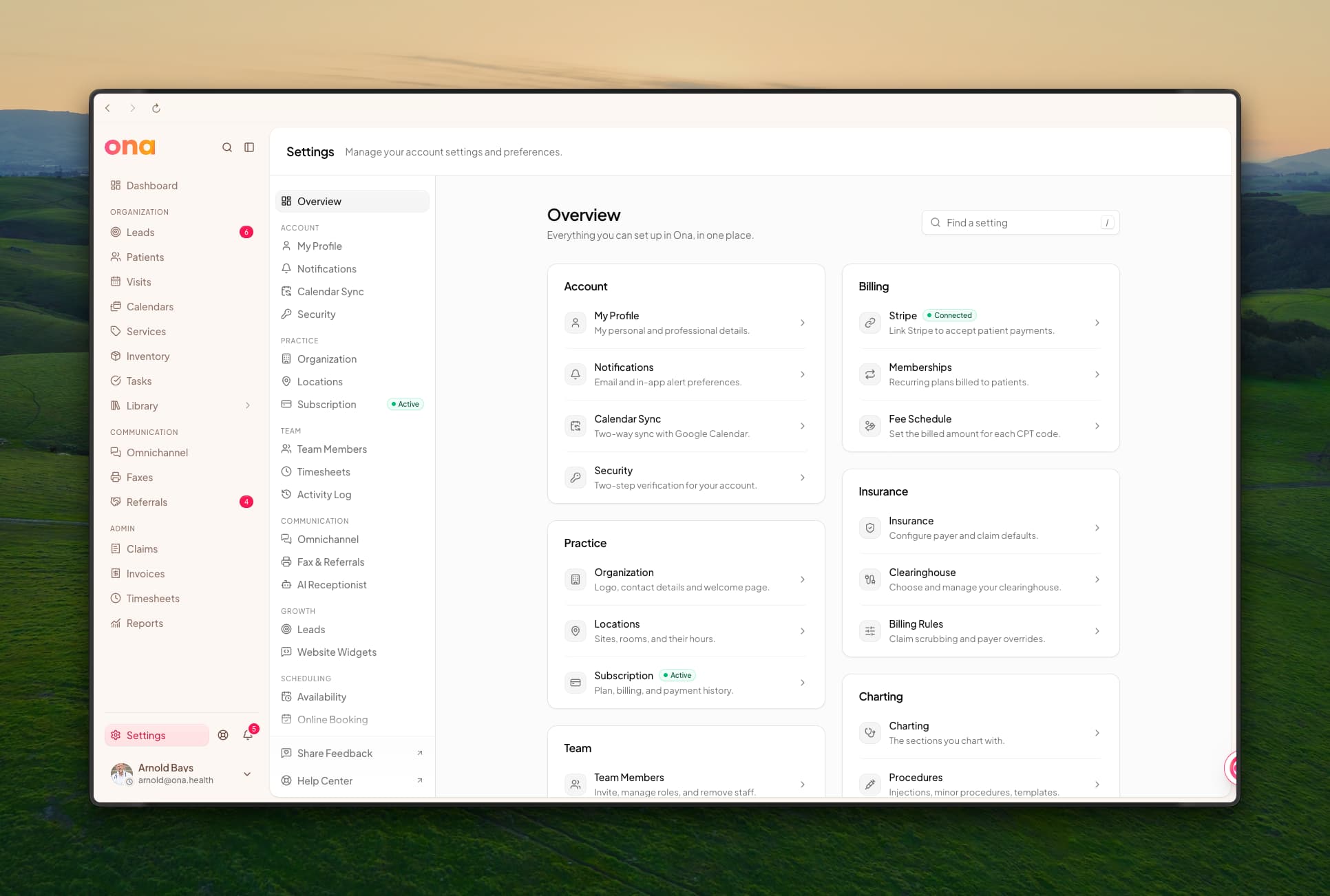 The Settings Overview page with a Find a setting search box and cards for Account, Practice, Team, Billing, Insurance and Charting, each listing its pages with a one-line description, such as Stripe marked Connected, Memberships, Fee Schedule, Clearinghouse and Billing Rules, beside a settings navigation grouped into Account, Practice, Team, Communication, Growth and Scheduling