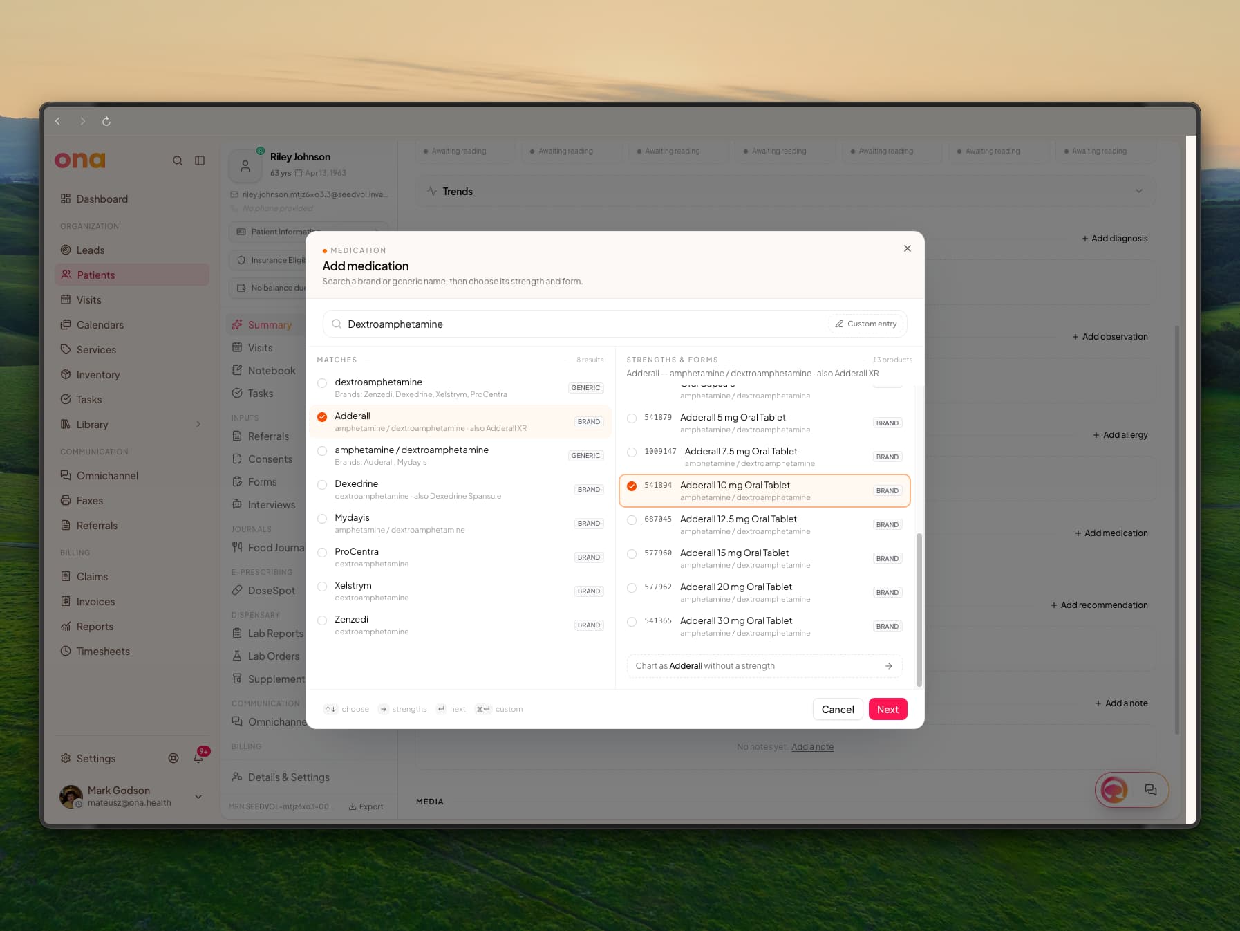 The Add medication dialog searching dextroamphetamine, with Adderall selected in a list of brand and generic names and its strengths listed beside it, Adderall 10 mg Oral Tablet chosen