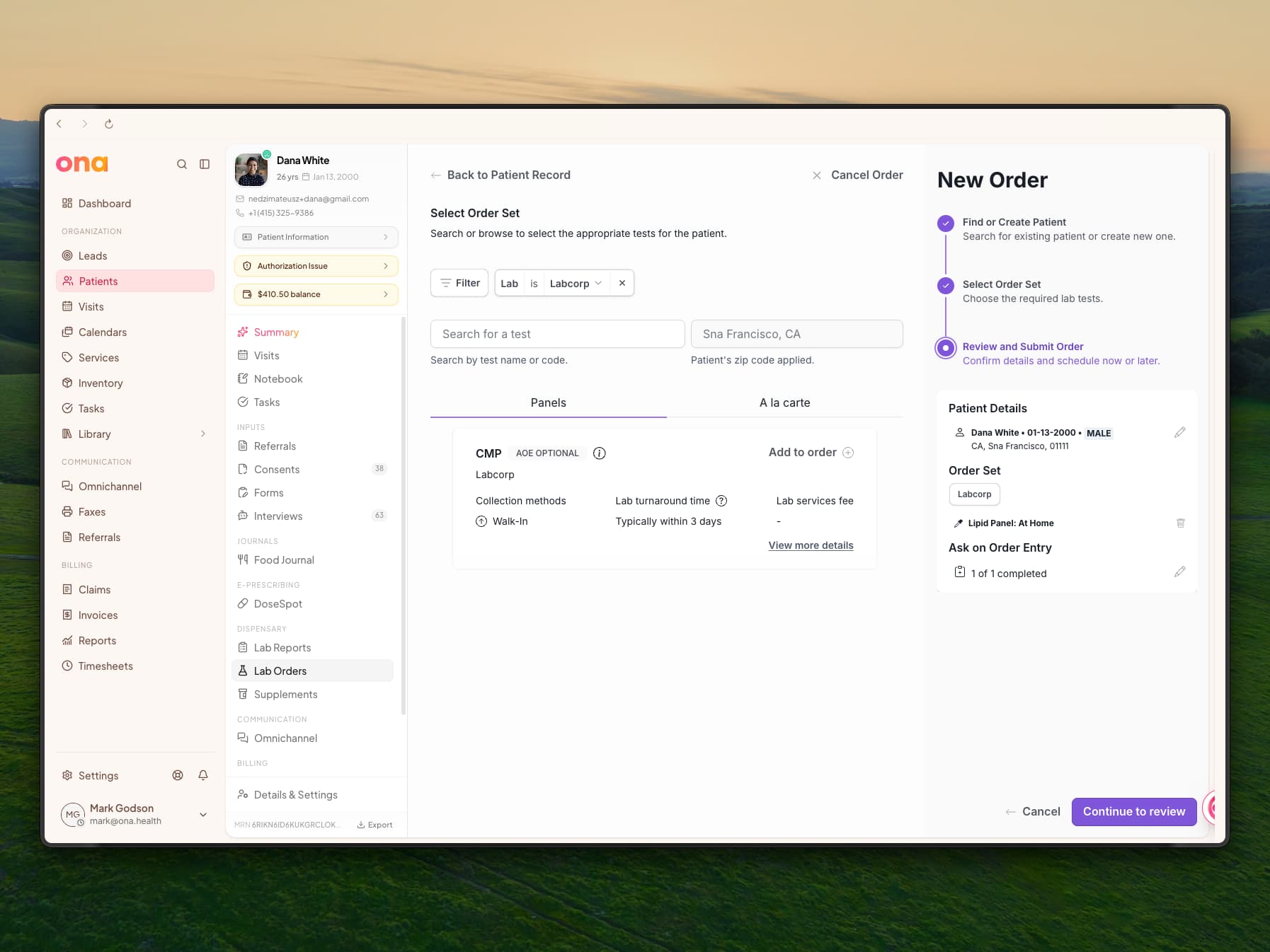 The New Order flow with a Labcorp filter, a test search, a CMP panel card showing collection method and turnaround, and a right rail listing patient details, order set and Ask on Order Entry progress