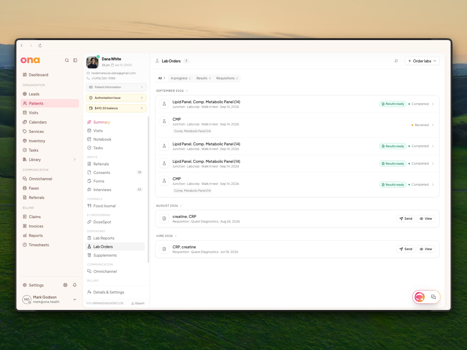 The Lab Orders tab with filters for all, in progress, results and requisitions, listing Junction orders by month with Received and Completed statuses and Results ready badges