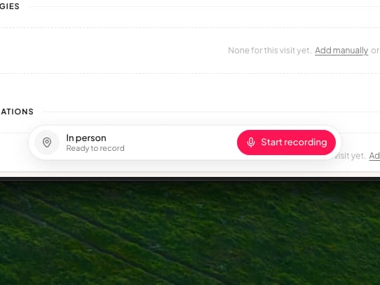 The visit dock for an in-person visit, ready to record, with a Start recording button