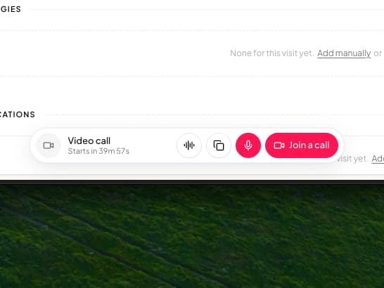 The visit dock for a video call starting in 39 minutes, with transcription, copy patient link, record and Join a call buttons