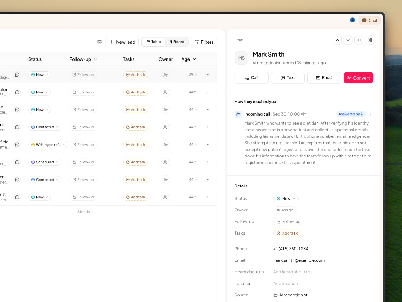 The lead panel for Mark Smith, added by the AI receptionist 39 minutes ago, with Call, Text, Email and Convert buttons, a How they reached you section showing the incoming call answered by AI and its summary of Mark wanting to see a dietitian, and a Details list with status New, an Assign owner button, Follow-up, Add task, his phone and email, and the source AI receptionist