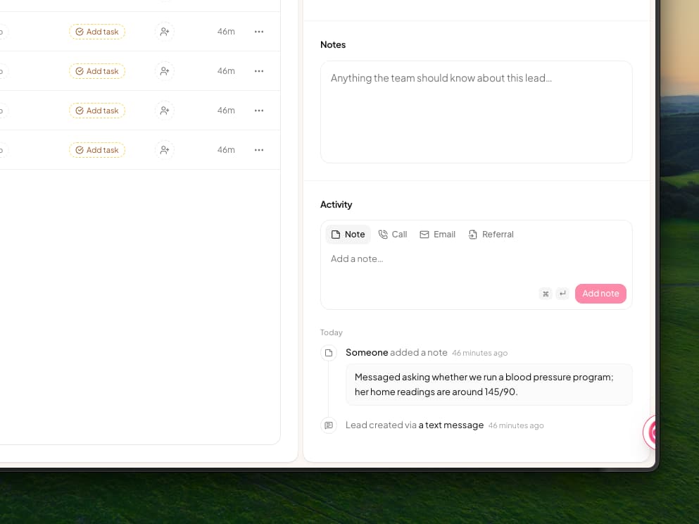 The bottom of the lead panel with an empty Notes box, then an Activity section with a composer offering Note, Call, Email and Referral, and a timeline showing a note about a patient asking whether the clinic runs a blood pressure program, above Lead created via a text message