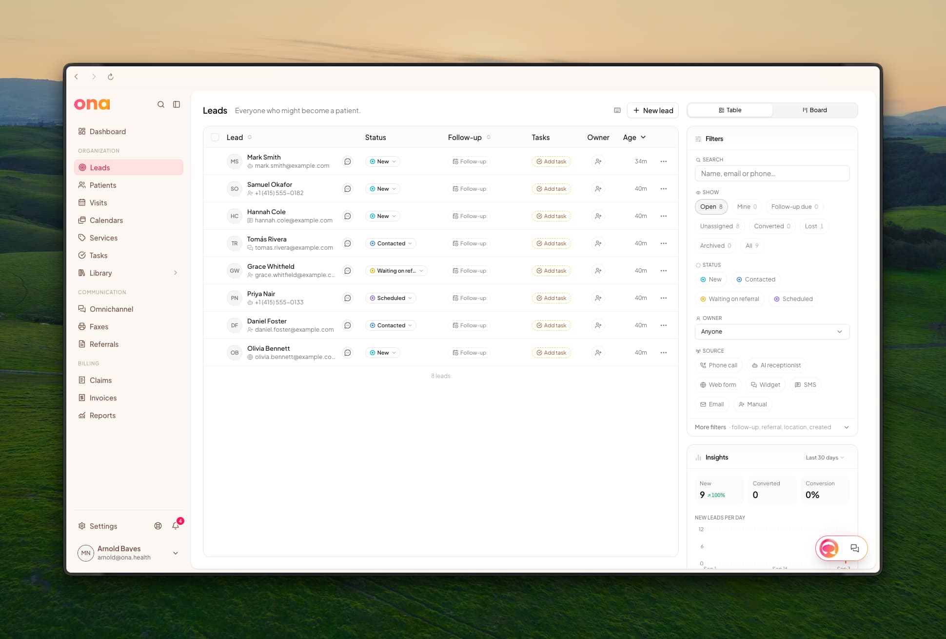 The Leads page with eight leads in a table showing each one's name and contact, a status such as New, Contacted, Waiting on referral or Scheduled, a Follow-up button, an Add task button, an owner and an age, beside a rail with a Table and Board toggle, a Filters card with Open, Mine, Follow-up due, Unassigned, Converted, Lost, Archived and All views, status, owner and source filters, and an Insights card with new leads, converted and conversion rate for the last 30 days