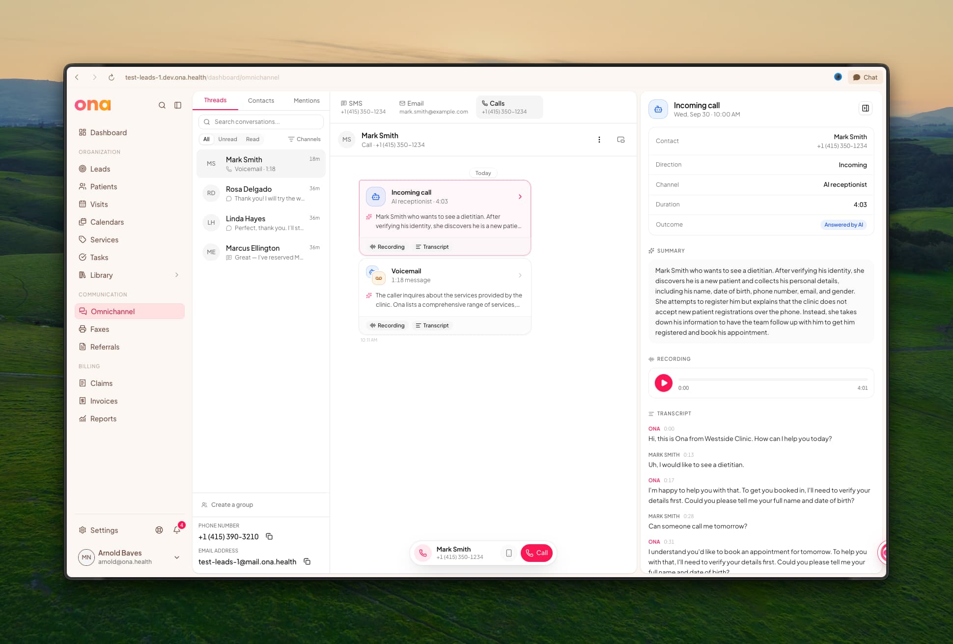 An Omnichannel conversation with Mark Smith showing two call cards, an incoming call answered by the AI receptionist lasting 4:03 and a 1:18 voicemail, each with a two-line summary and Recording and Transcript chips, beside the call's details panel with its contact, direction, channel, duration and Answered by AI outcome, then a Summary section, a recording player and a transcript